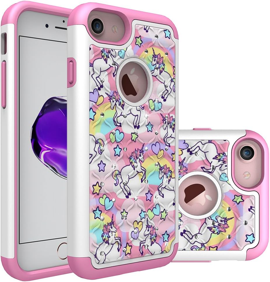CaseTown Compatible with iPhone 7 Case, Bling Case for iPhone 8, Rainbow Unicorn Pattern Heavy Duty Shockproof Studded Rhinestone Crystal Bling Hybrid Case Silicone Protective Armor