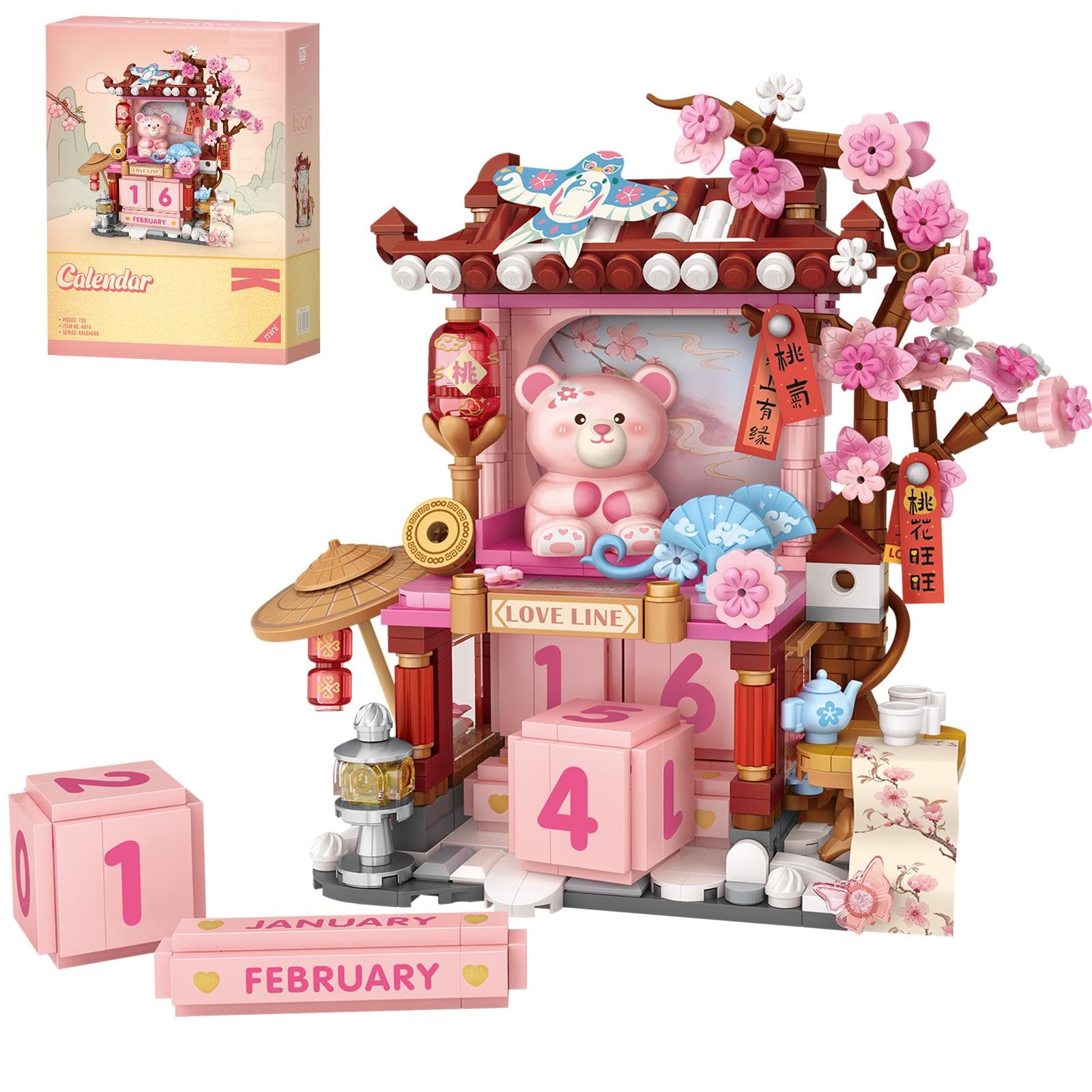MEIEST Adult Perpetual Calendar Building Blocks Set,Cute Bear Chinese Style Construction Building Bricks,Creative Gift Home Office Decor (Pink Peach Blossoms)