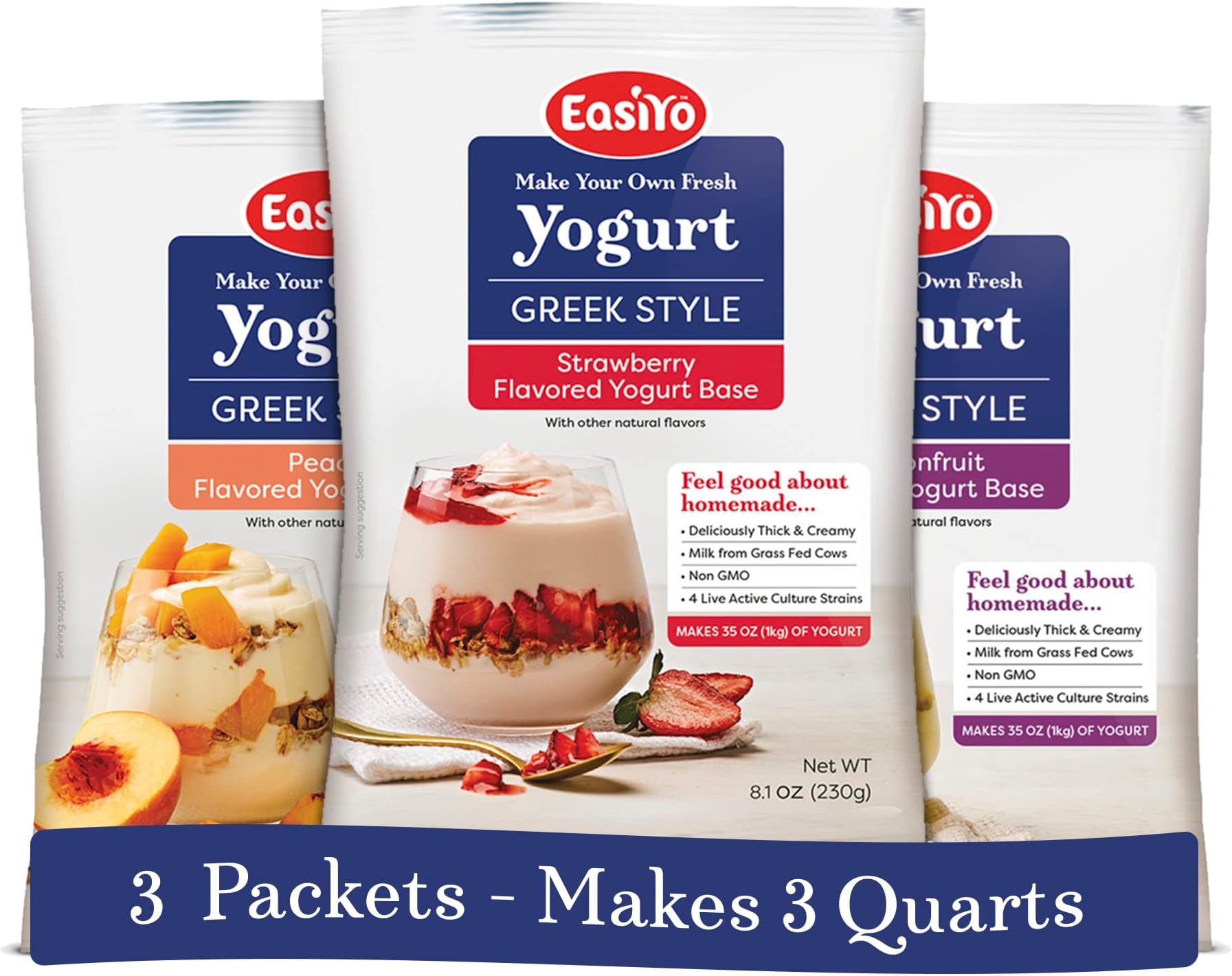 EasiYo Greek Style Yogurt Base – Fruit Variety (3-pack, 21 Servings) with Live Cultures | Easy & Fresh Homemade Yogurt | Use with EasiYo Maker | New Zealand Milk from Grass Fed Cows