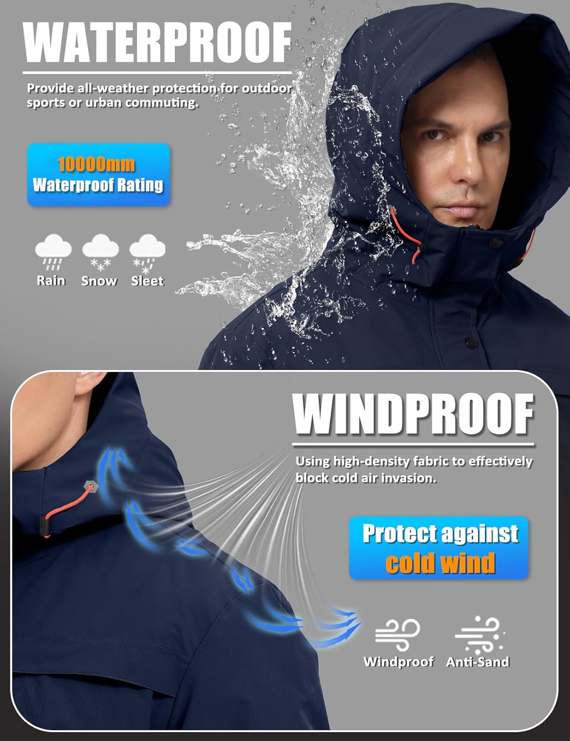 Men's Winter Ski Jacket Waterproof Warm Snow Coat Insulated Snowboarding Jacket Hooded Windproof Parka Raincoat - Image 3