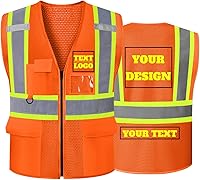 Vista 17 de Chaleco de seguridad reflectante de malla con logotipo personalizado Clase 2 con 5 bolsillos y cremallera