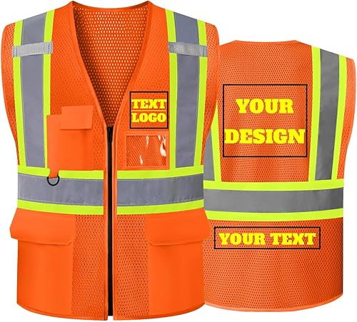 Miniatura 17 de Chaleco de seguridad reflectante de malla con logotipo personalizado Clase 2 con 5 bolsillos y cremallera