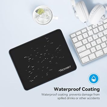 TECKNET 4 Pack Mouse Pad with Anti-fray Stitching, Waterproof Surface & Non-Slip Rubber Base with Stitched Edges Gaming Mouse Mat for Laptop, Compatible with Laser and Optical Mice - Black