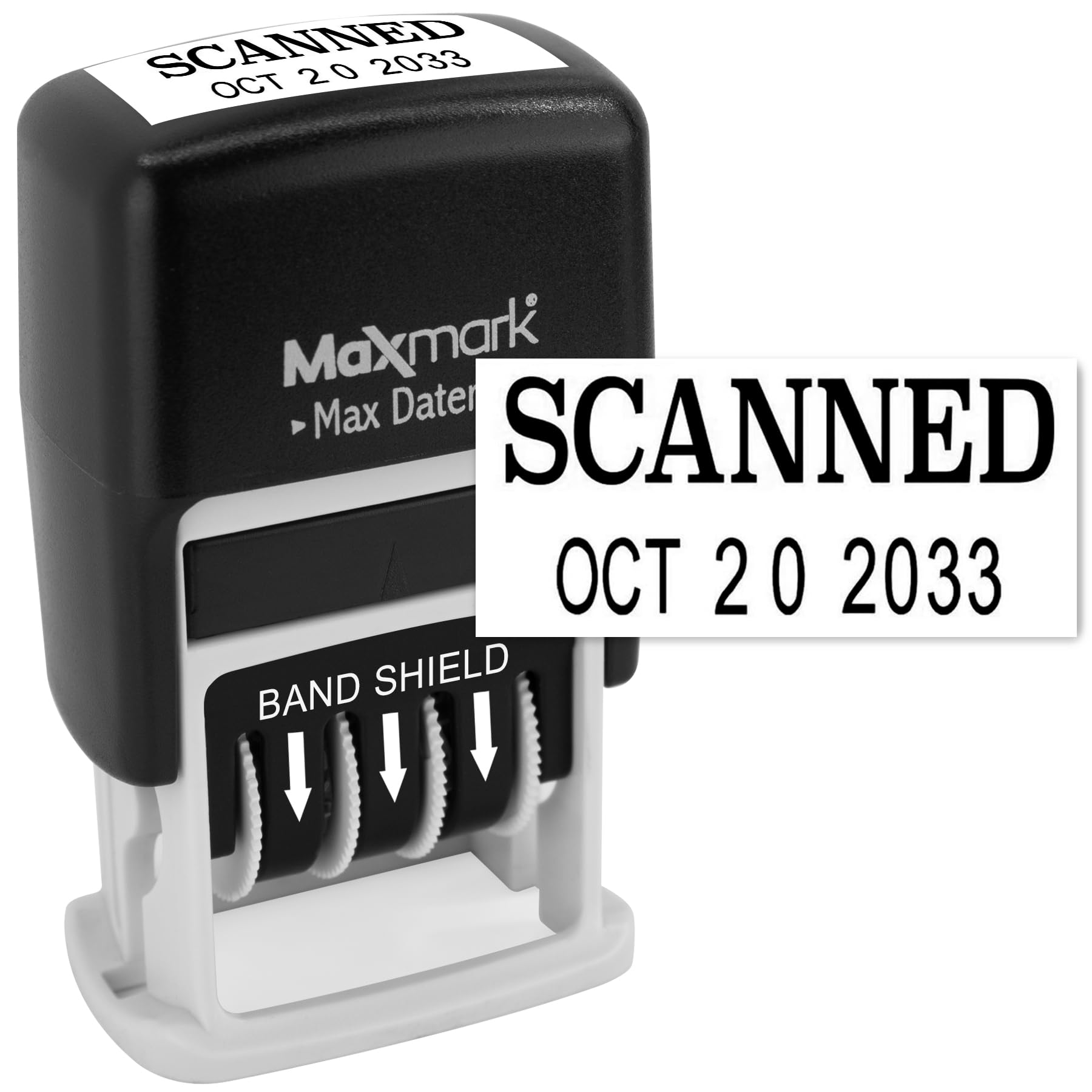MaxMark Self-Inking Rubber Date Office Stamp with SCANNED Phrase & Date - BLACK INK (Max Dater II), 12-Year Band