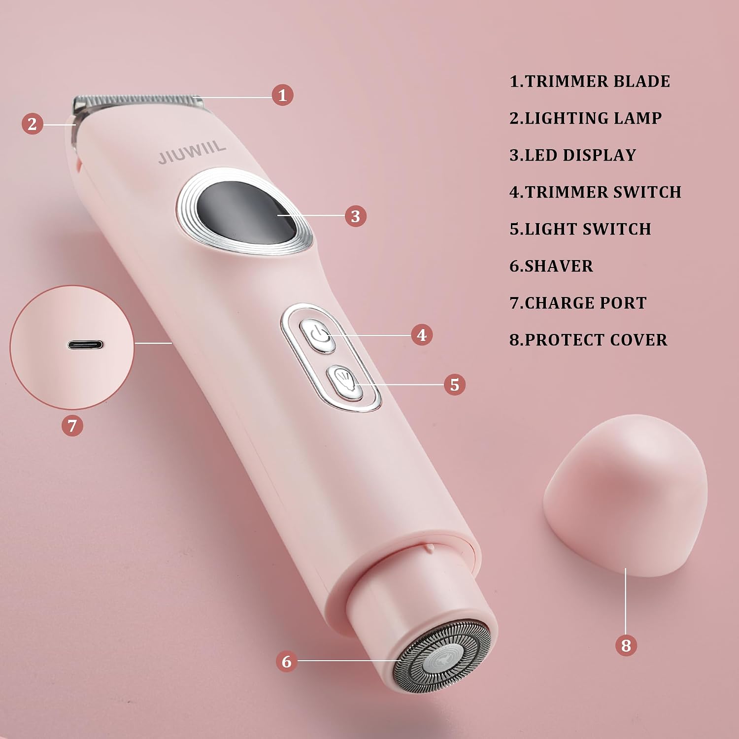 Bikini Trimmer for Women, JIUWIIL 2 in 1 Electric Razors for Women, IPX7 Waterproof Dual Head Electric Shaver,Wet & Dry Use Body Hair Trimmer, Facial Hair Remover for Bikini Underarm Leg Arm (Pink)