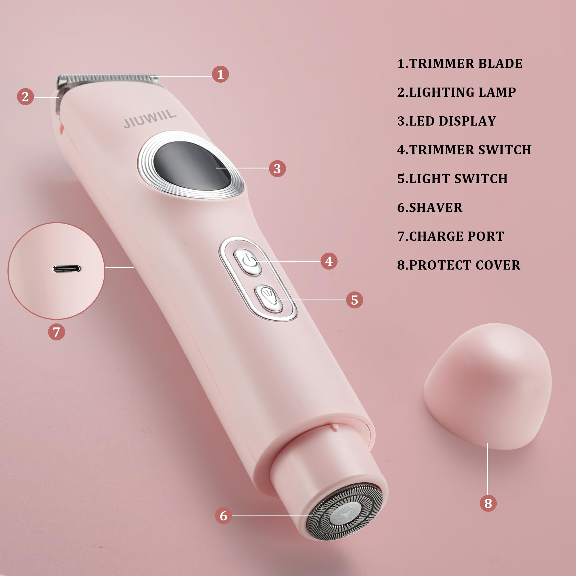Bikini Trimmer für Frauen, JIUWIIL 2 in 1 Elektrorasierer für Frauen, IPX7 wasserdichter Elektrorasierer mit zwei Köpfen, Nass und Trockenrasierer für Körperbehaarung und Bikin (Rosa)