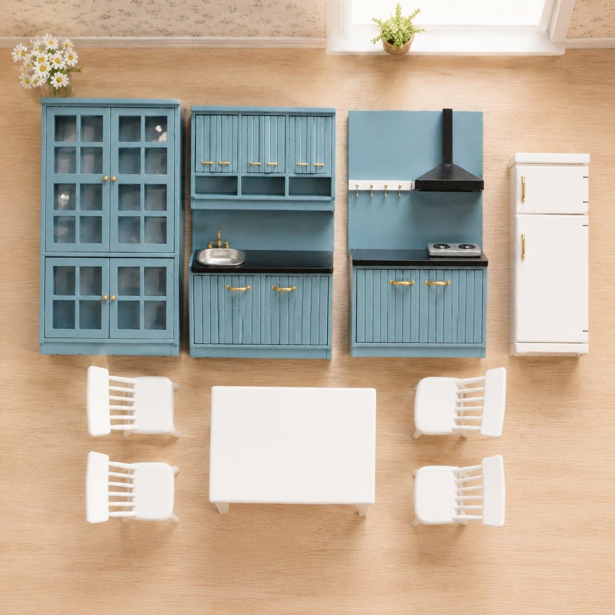 Mobilier Maison Poupée Cuisine 1:12 Bois, Ensemble Complet incluant Armoire