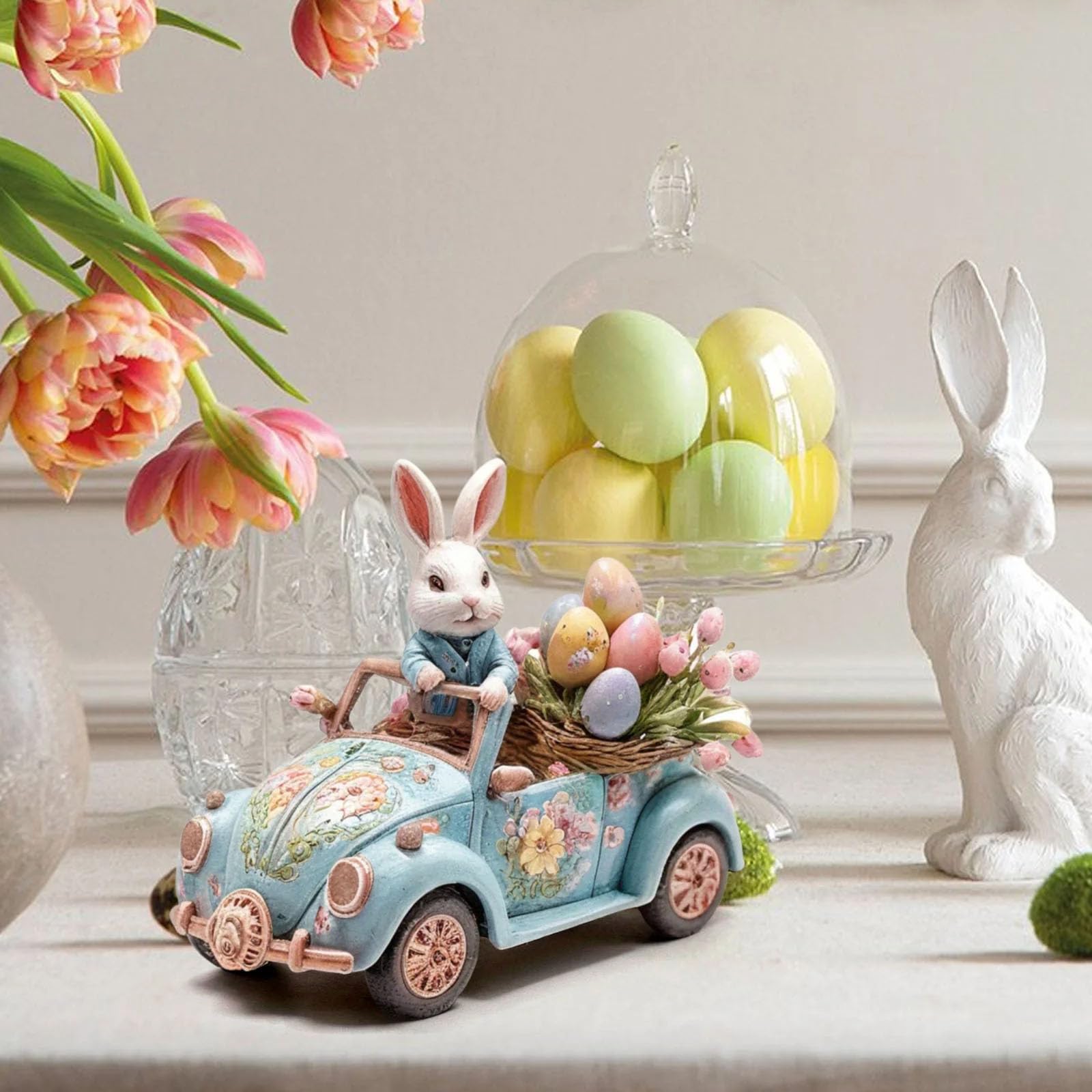 2D Easter Bunny Driving Car Figurine, Acrylic Tabletop Decoration with Floral Design, Blue Vintage Car with White Rabbit and Egg Basket, Spring Holiday Home Decor 021 (#C687) — view 5