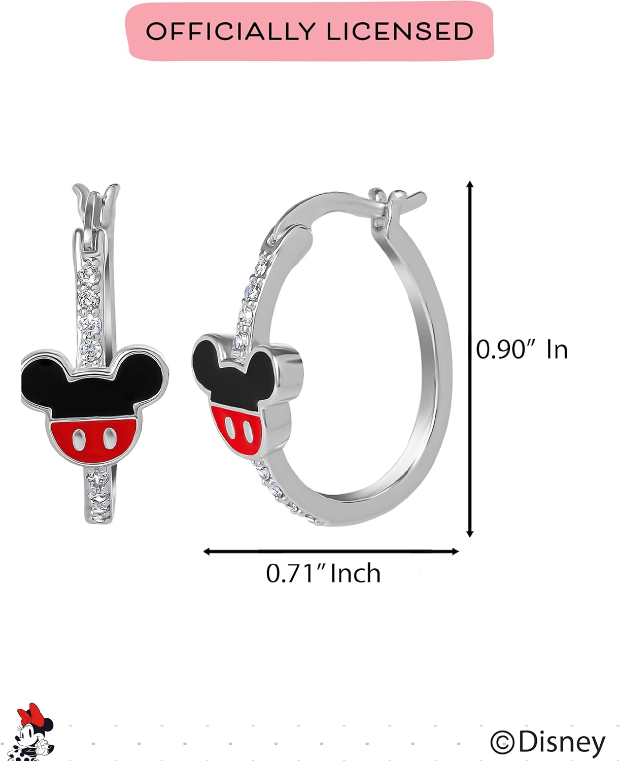 Mickey Mouse and Minnie Mouse Earrings for Women Official License, Hoop Earrings with Cubic Zirconia or Multicolored Crystals