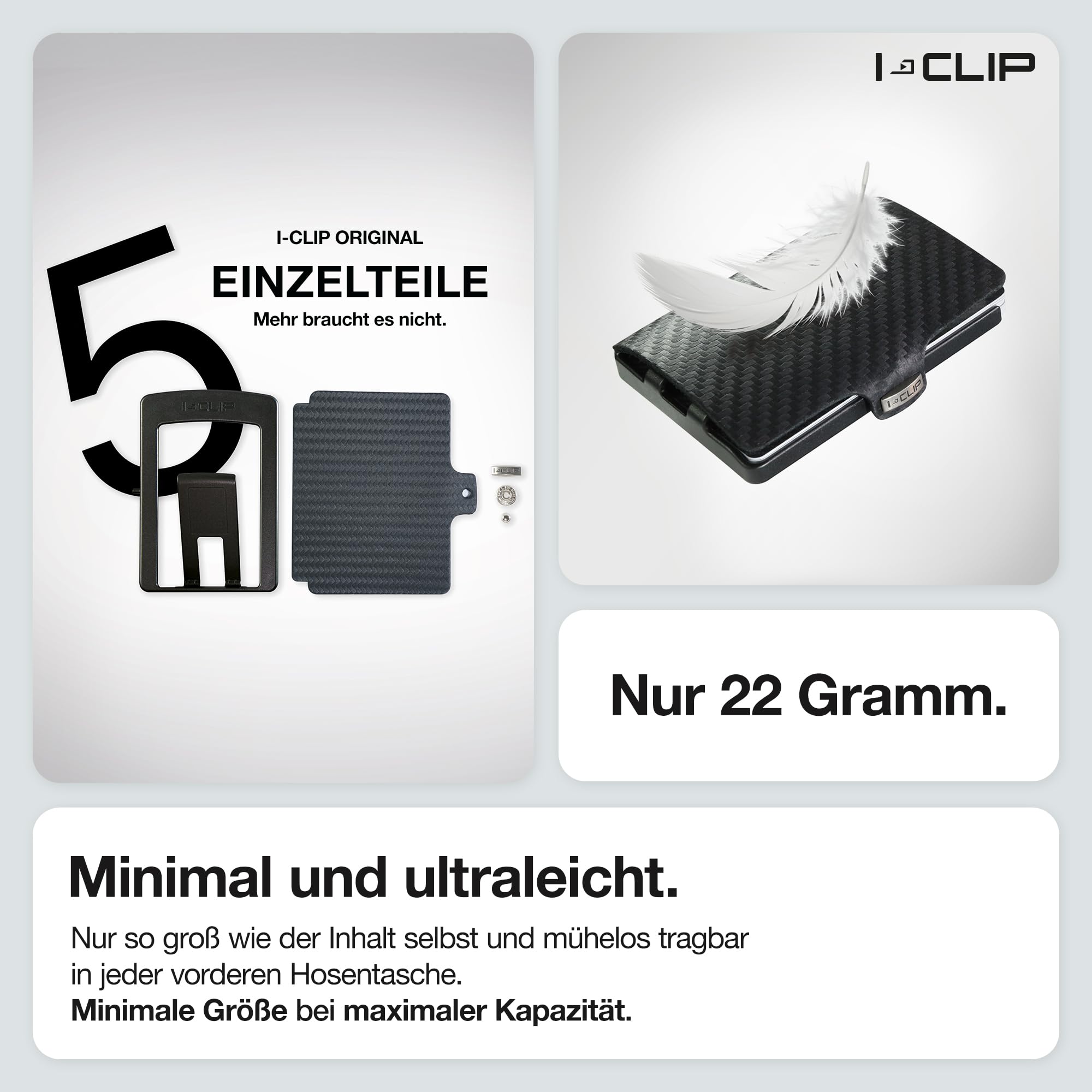 I-CLIP Original Herren Geldbörse - Slim Wallet mit Geldklammer - Mini-Portemonnaie mit Platz für bis zu 12 Karten - Ultraleicht mit nur 22g - Echtleder in Carbon-Optik - Schwarzer Rahmen
