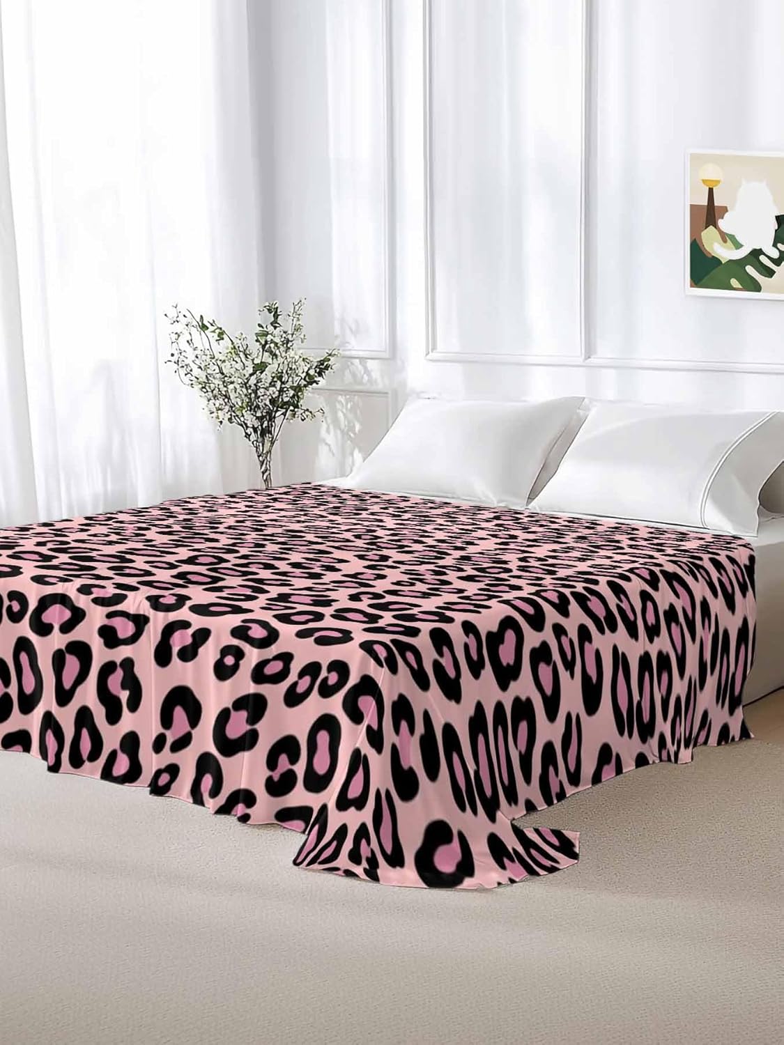 Queen Flat Sheet Only Bedding Flat Sheet, Pink Leopard Pattern Microfiber Breathable Top Sheets, Farmhouse Animal Skin Theme Soft Bed Sheets for Bedroom Living Room Sofa