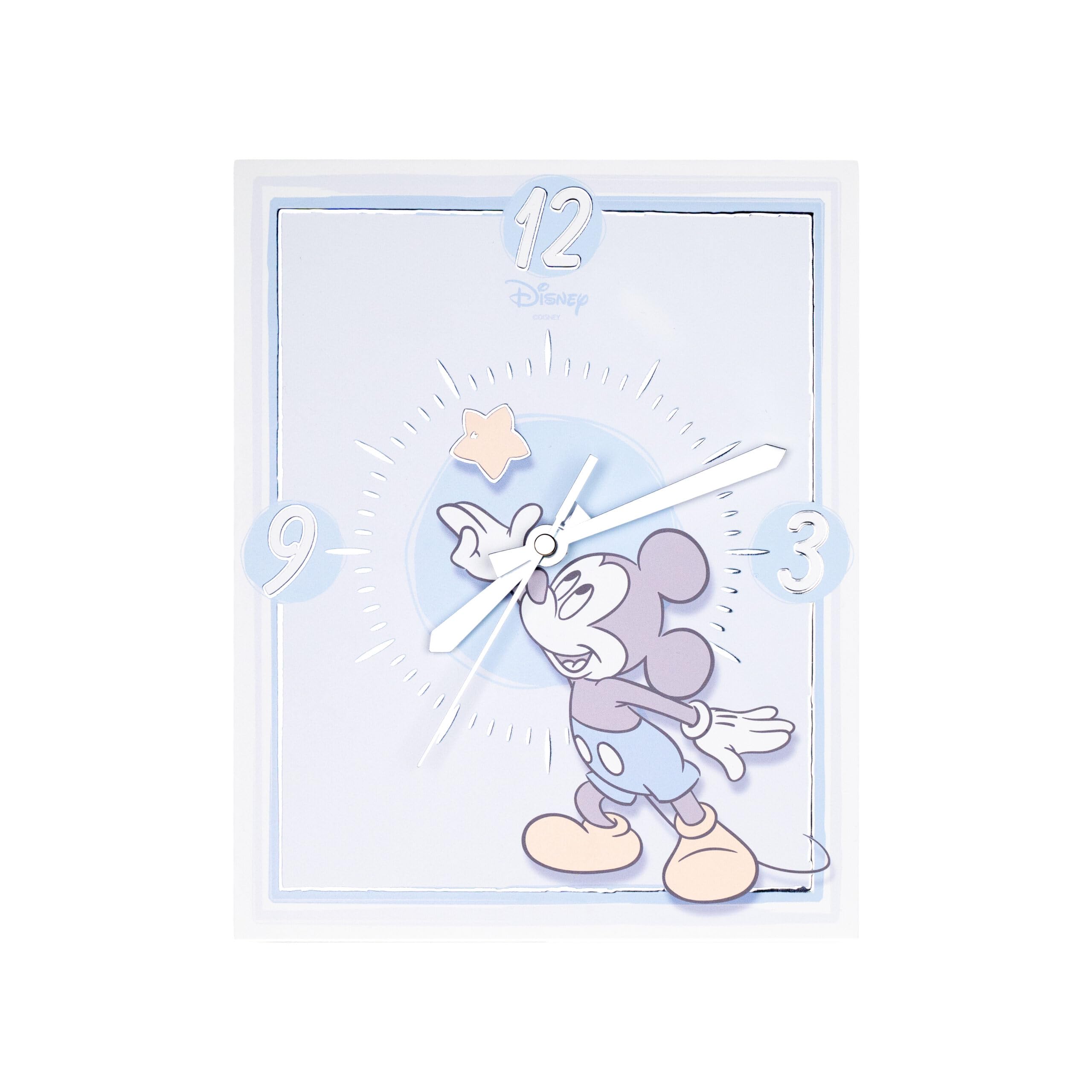 VALENTI & CO. - Disney Topolino - Orologio da tavolo o da appendere in legno con dettagli in argento - Idea Regalo Neonato o Regalo Battesimo - Orologio da parete per cameretta bambino