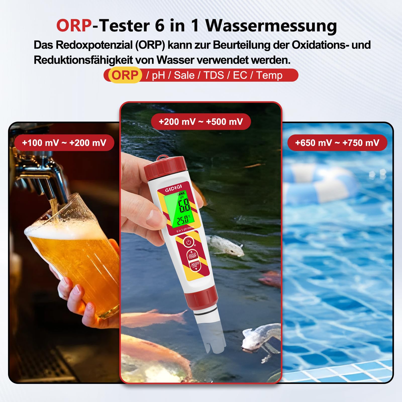 6-in-1 Digitaler Wasserqualitätstester für Pools und Hydrokulturen, pH/ORP/TDS/EC/Salzgehalt/Temperatur mit ORP-Kalibrierlösung, für Aquarien, Trinkwasser, Brauen