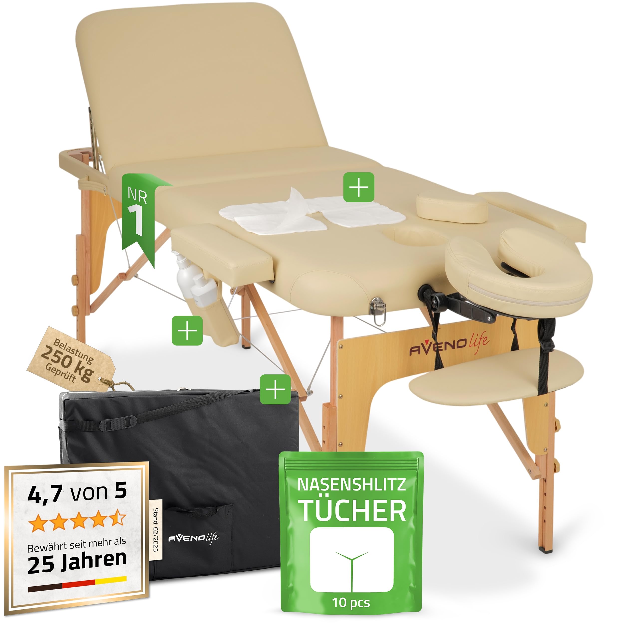 HABYS Mobile Massageliege Klappbar aus Holz 3 Zonen 185×70cm Verstellbare Rückenlehne 48° Massagetisch mit Kopfstütze Tragetasche bis 250 kg
