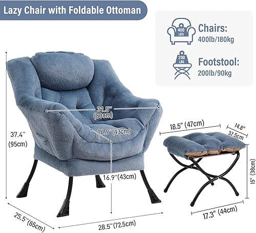 Miniatura 2 de Silla Lazy con otomana, silla moderna con reposapiés plegable, silla de acento de salón, cómoda silla de lectura (azul claro de felpa)