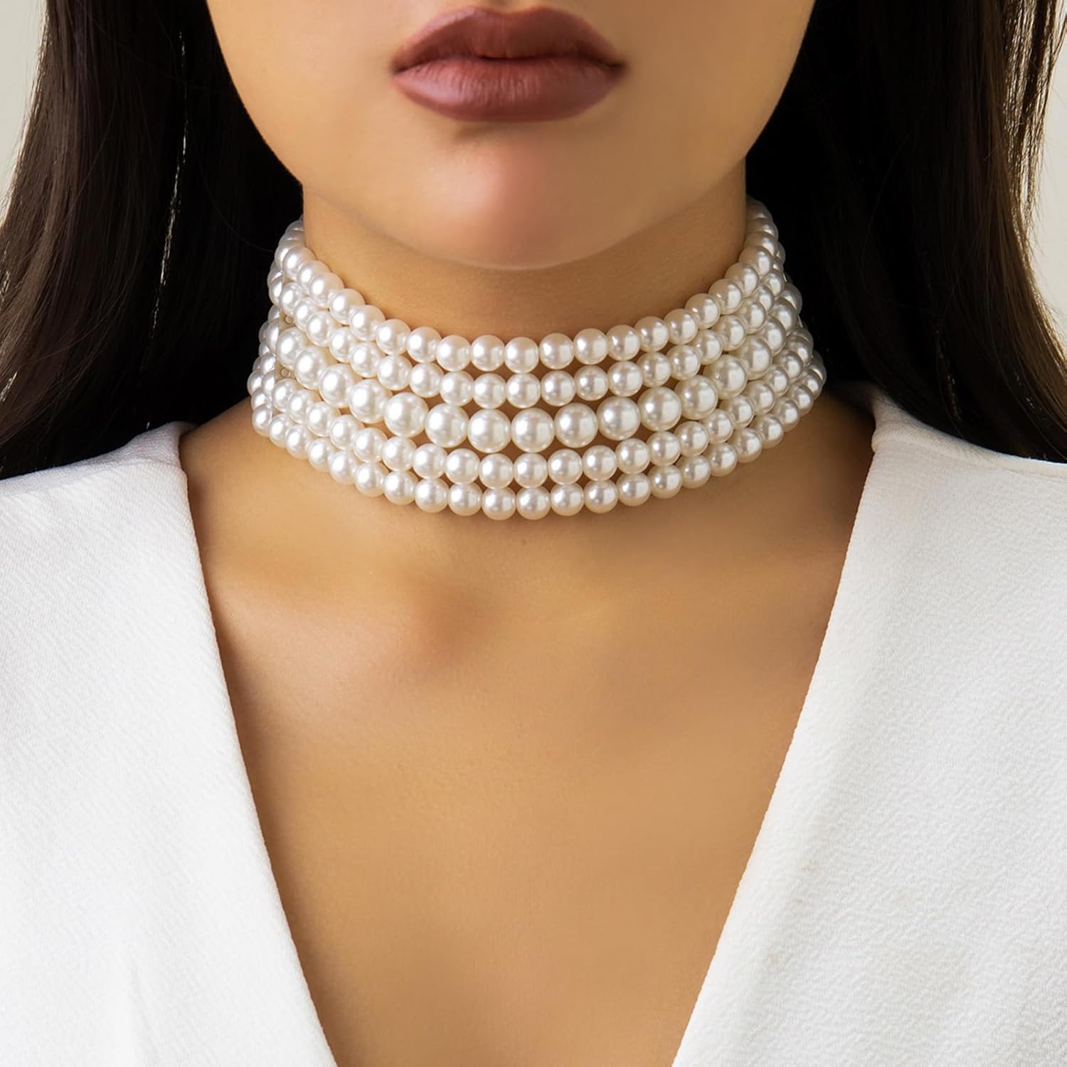 Pearl Necklaces for Women Faux Pearl Choker Necklace Layered Chunky Pearls Necklace Boho Choker Necklaces Wedding Jewelry Gifts for Bride - Image 2