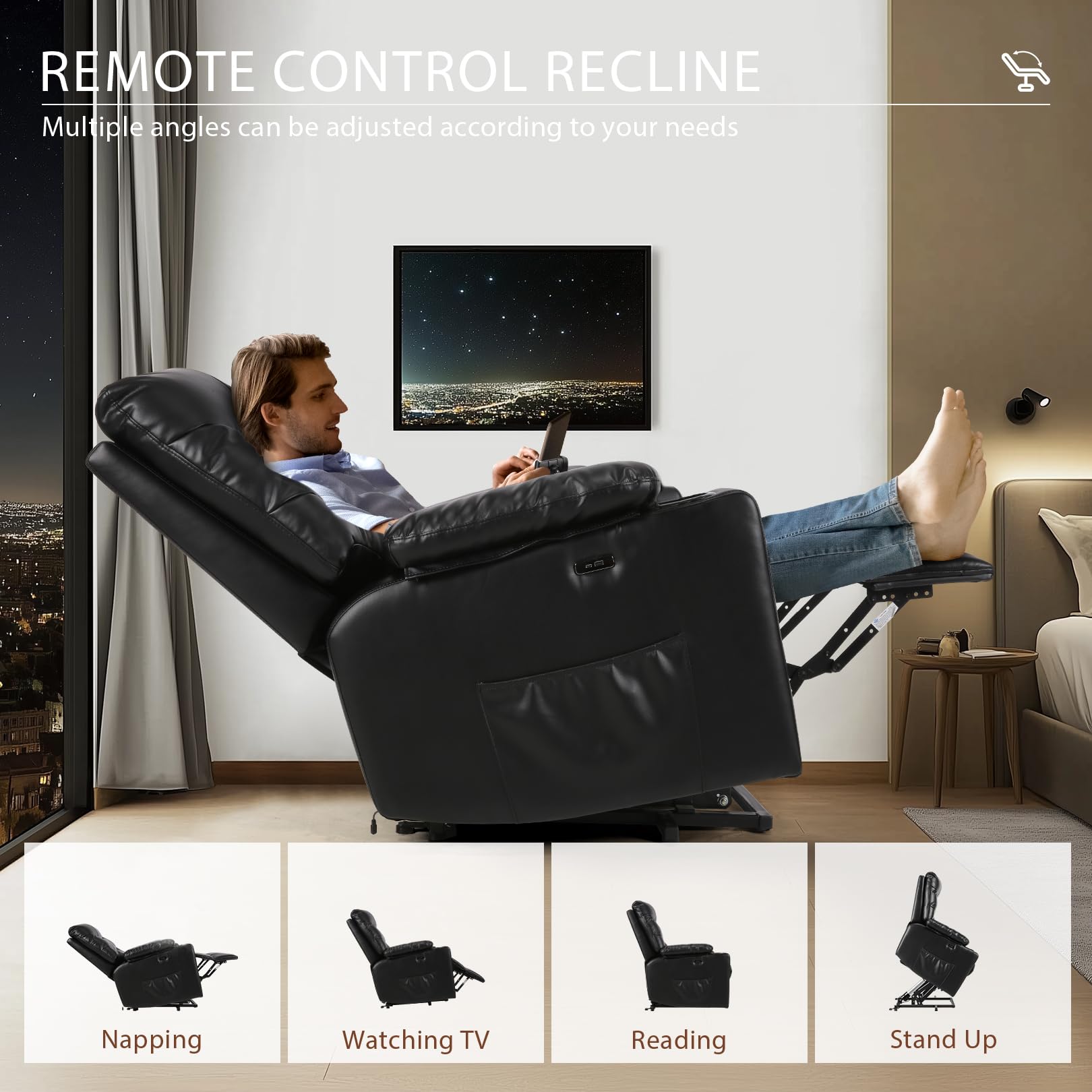 Himimi PU Leather Electric Power Lift Chair Recliners Massage with Heat and Massage, Adjustable Back Leg, USB Ports, Cupholders, Lift Chairs for The Elderly (Black)