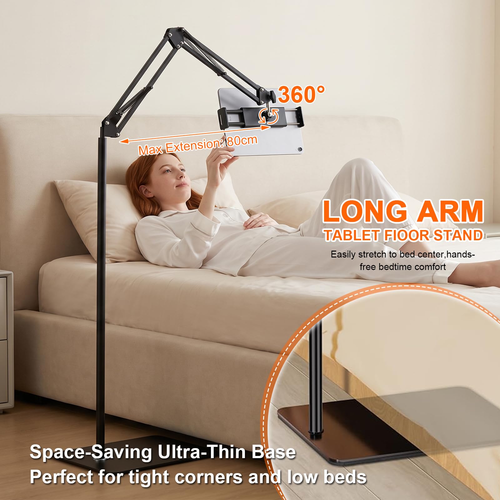 Supporto Tablet da Pavimento, Supporto Tablet da Terra Regolabile, Supporto Tablet da Letto e Divano, Braccio Articolato Regolabile, Rotazione 360°, Morsetto 12–25 cm per Smartphone e Tablet