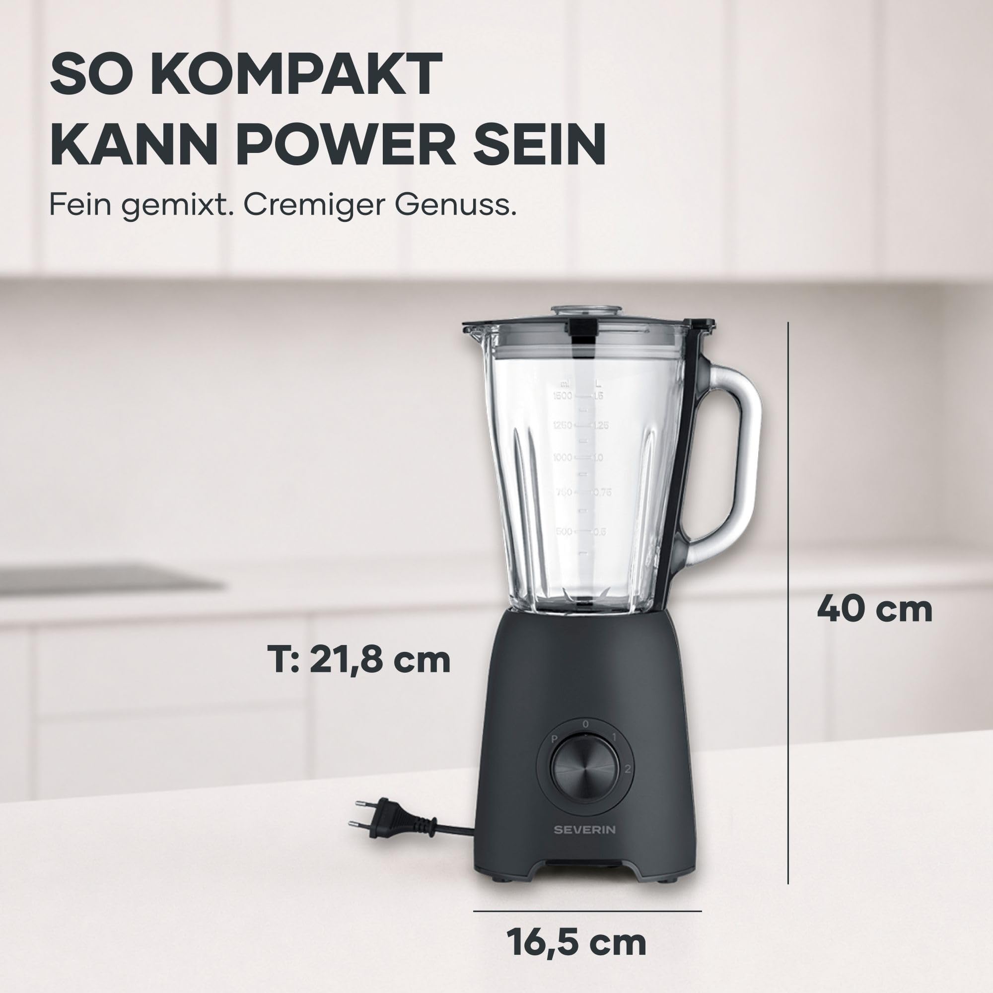 Severin Standmixer, Smoothie Maker, Blender elektrisch, 1,5L, 2 Stufen, Impulsfunktion, spülmaschinengeeignete Teile, Edelstahlmesser, inkl. to go Behälter und Mühlen-Aufsatz, 600W, schwarz, SM 3724