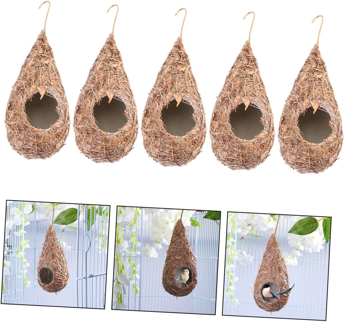 YARNOW 5Pcs Hanging Bird Hut Straw Bird Nest Feeder for Outdoor Garden Rustic Style Birdhouse Safe Resting Place for Birds for Nature Lovers and Garden Decor