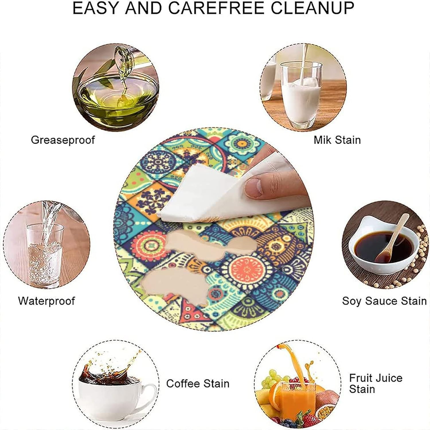 Elastic Tablecloth Square Fits Tables up to 36", Boho Print Waterproof Fitted Table Cloth, Polyester Wipeable Table Cover for Picnic Party