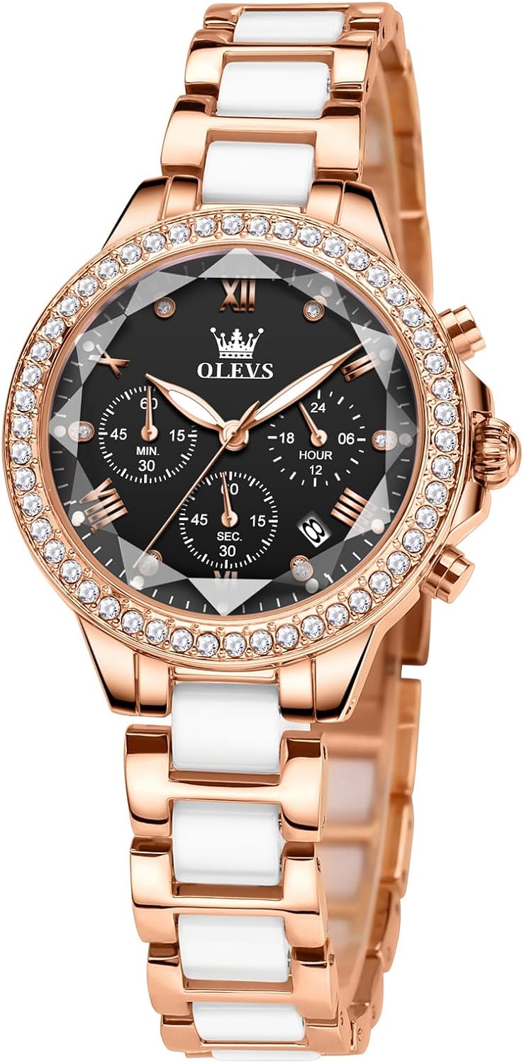 OLEVS Watches for Women Luxury Diamond Bezel Elegant Ceramic Stainless Steel Waterproof Ladies Wrist Watches Fashion Quartz Chronograph Womens Dress Watch Gift for Her Reloj Mujer