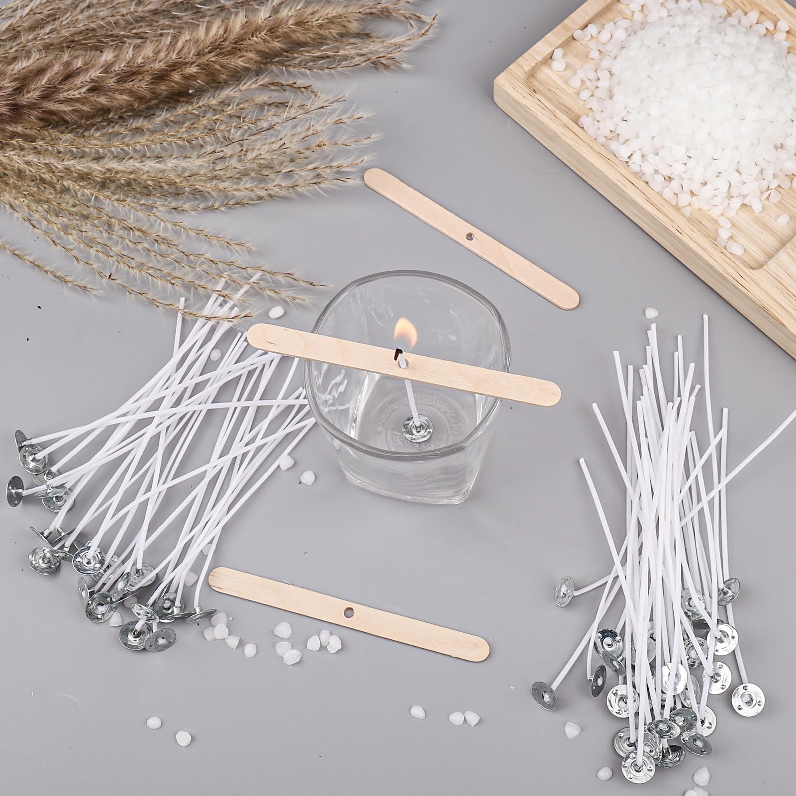 ALLAVA 100 stoppini per candele, 12 cm, stoppini per candele, con porta stoppino in legno, cotone biologico naturale, preriscaldato con cera di soia, stoppino per la produzione di candele fai da te