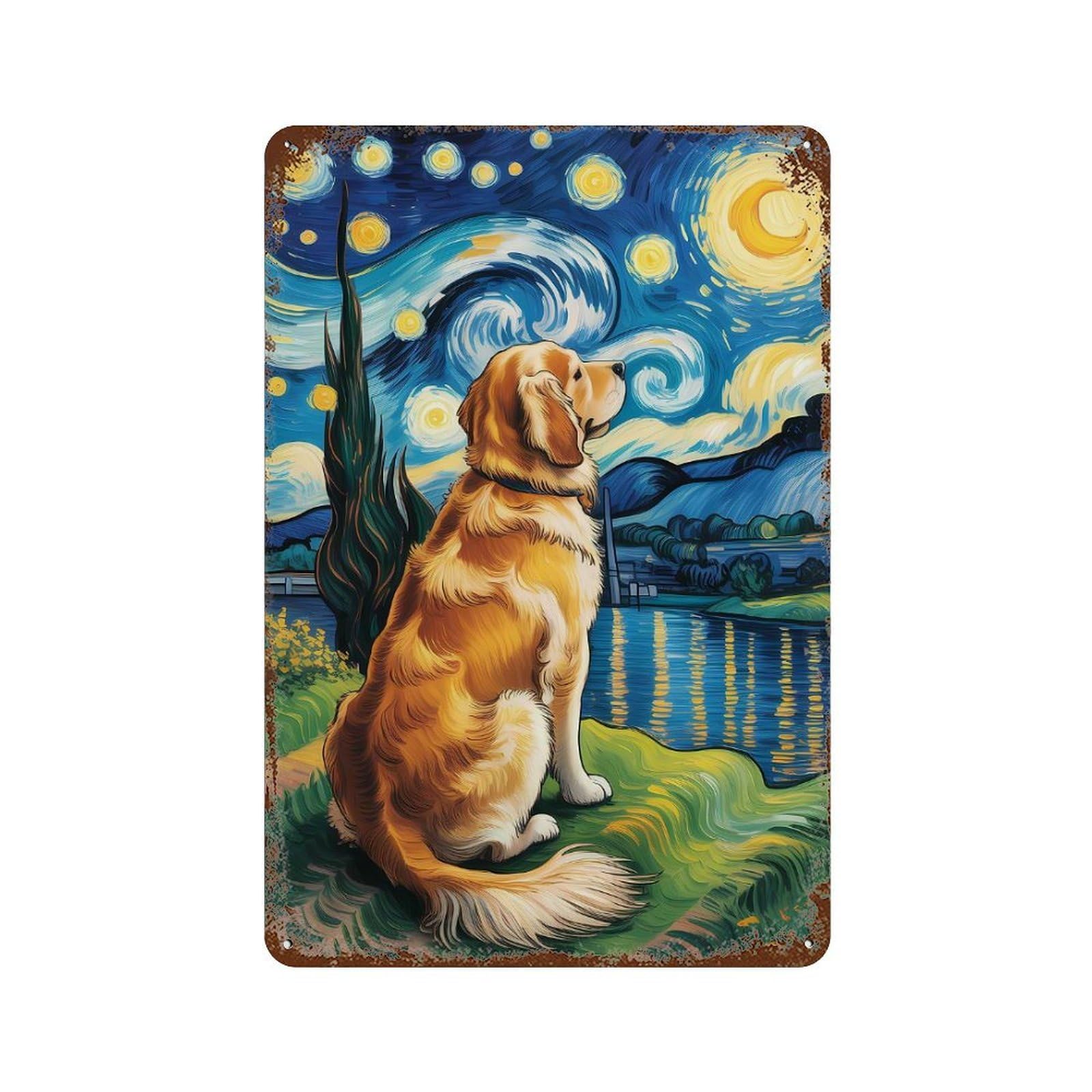 Golden Retriever in Starry Night Style Weathered Tin Sign 11.8"x7.9", Industrial Home Decor for Basement, Hobby Room And Garage Decor
