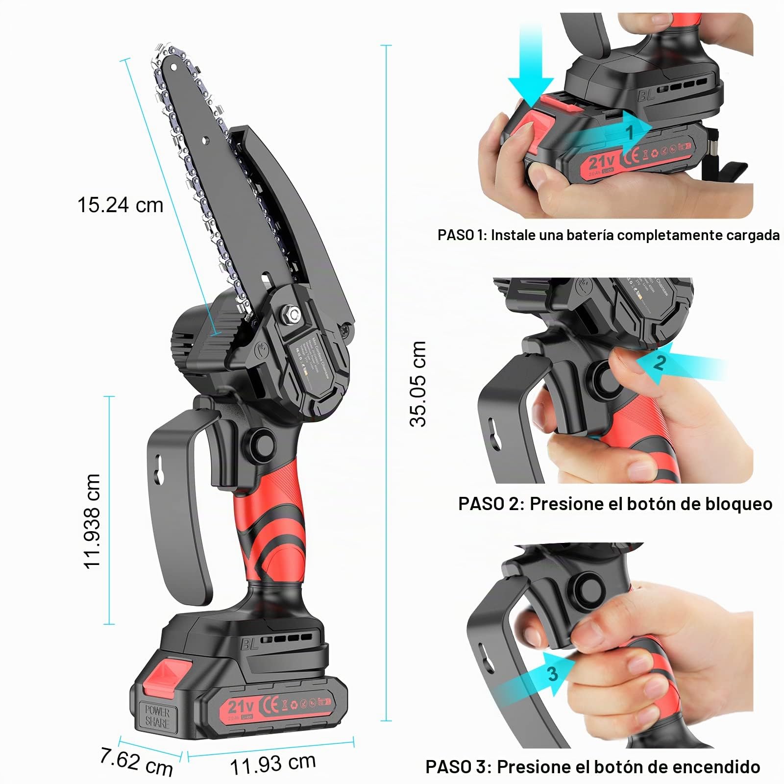 Mini Motosierra Bateria 6 Pulgadas, Eléctrica Motosierra de Mano Pequeñas Sierra Podar Bateria, 2 x 2000 mAh Baterías, para Cortar árboles de Jardín y Cortar Madera