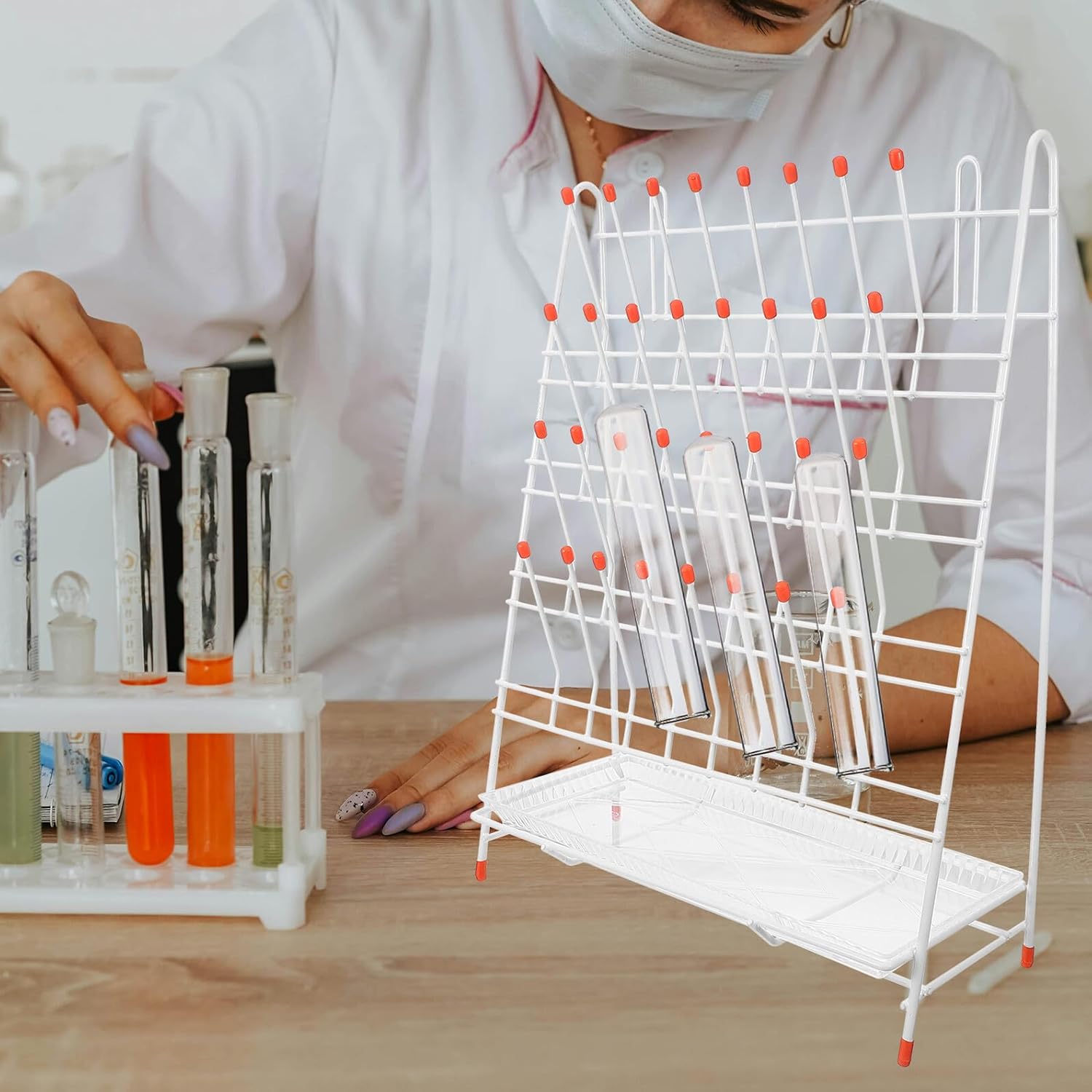 Laboratory Drying Rack with 32 Slots, Plastic Coated Test Tube Holder Rack for Lab Glassware and Bottle Drying, Large Capacity Draining Stand for Scientific Use
