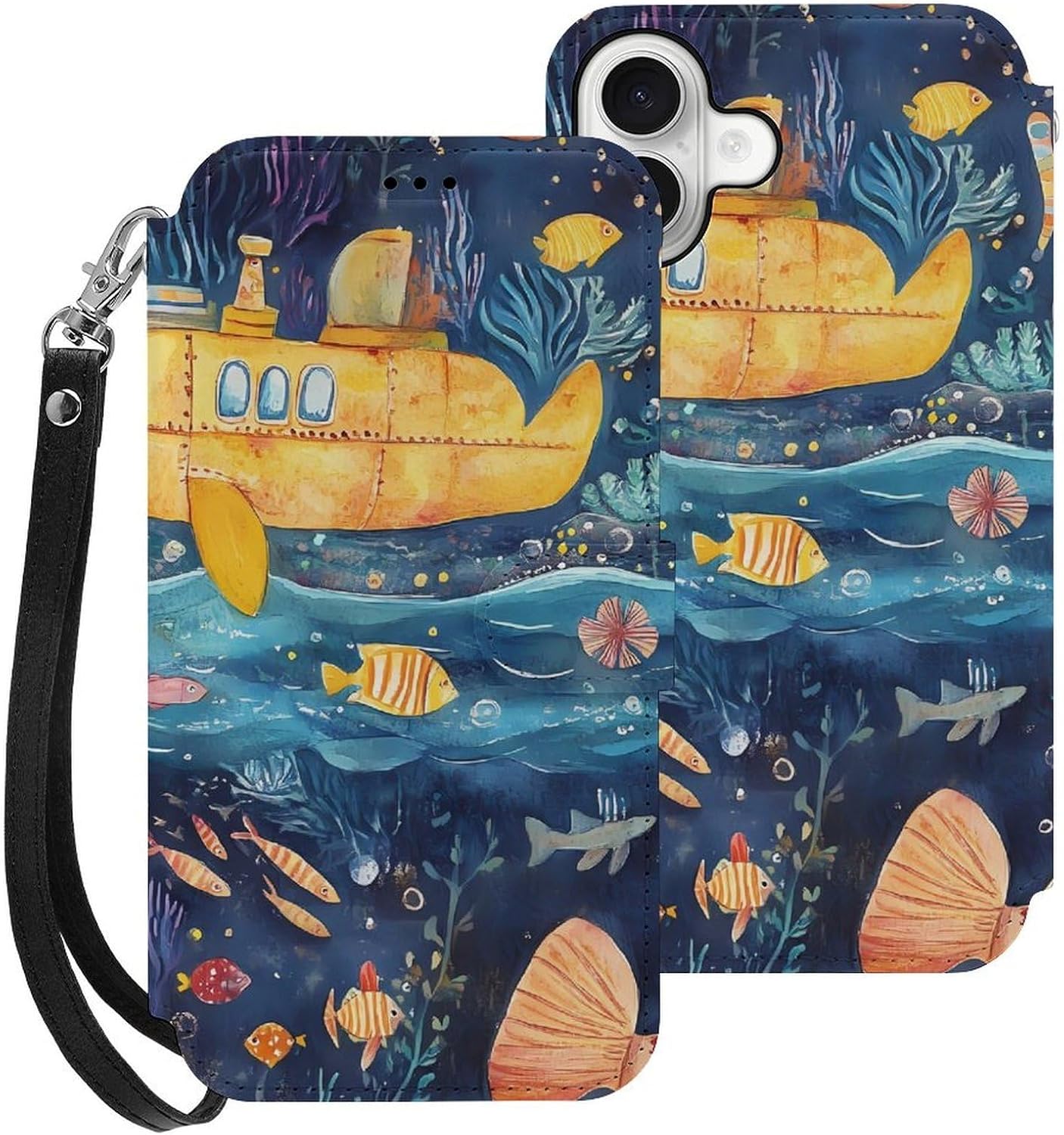 Deep Sea Sub Compatible with iPhone 16/16 Plus/16 Pro/16 Pro Max/16 E Case Phone Wallet Card Holder Flip Cover with Wrist Strap