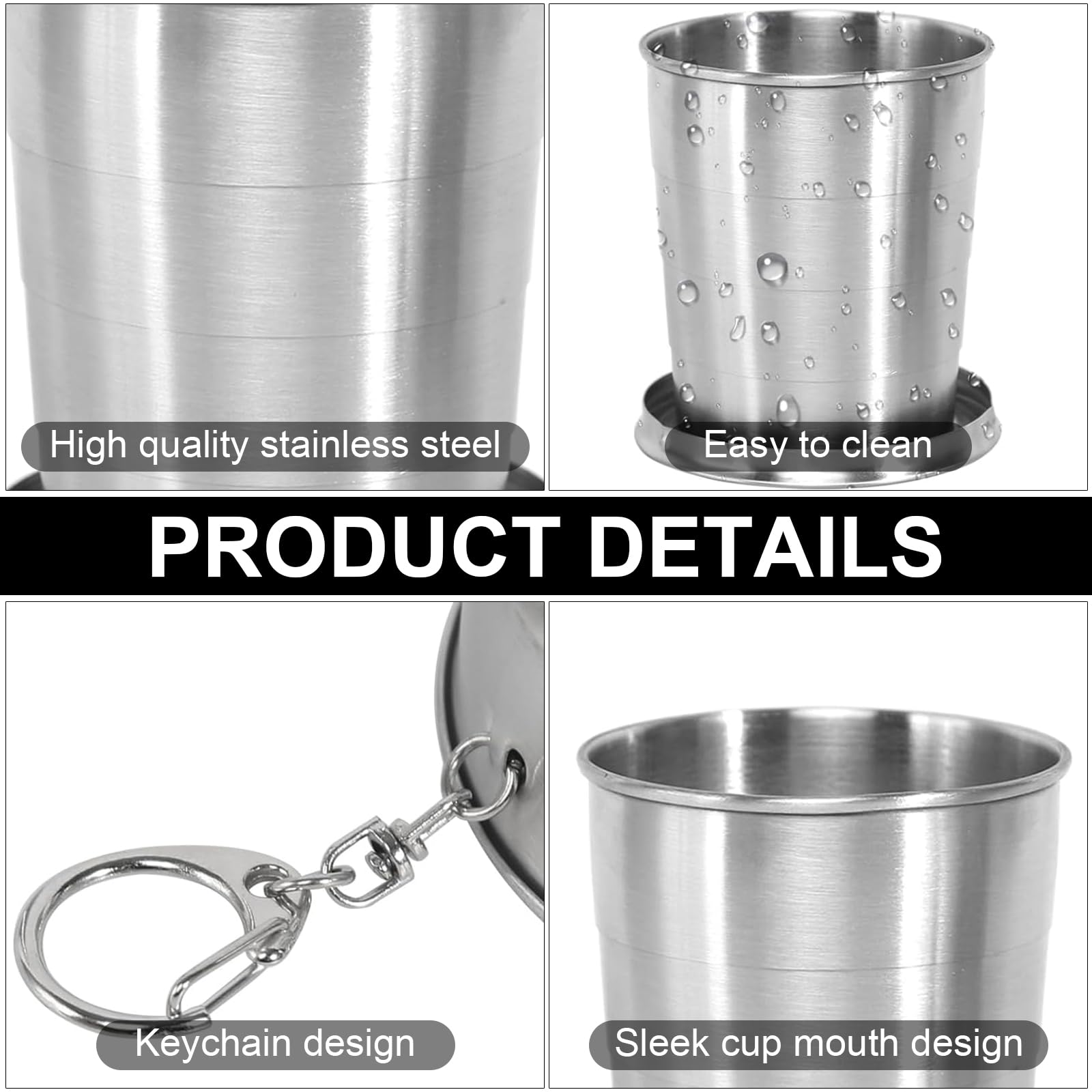 3 Tazze Pieghevoli In Acciaio Inox Da 75 Ml + Spazzola Per Pulire – Set Da Campeggio Portatile Con Ganci – Per Viaggi, Trekking E Picnic