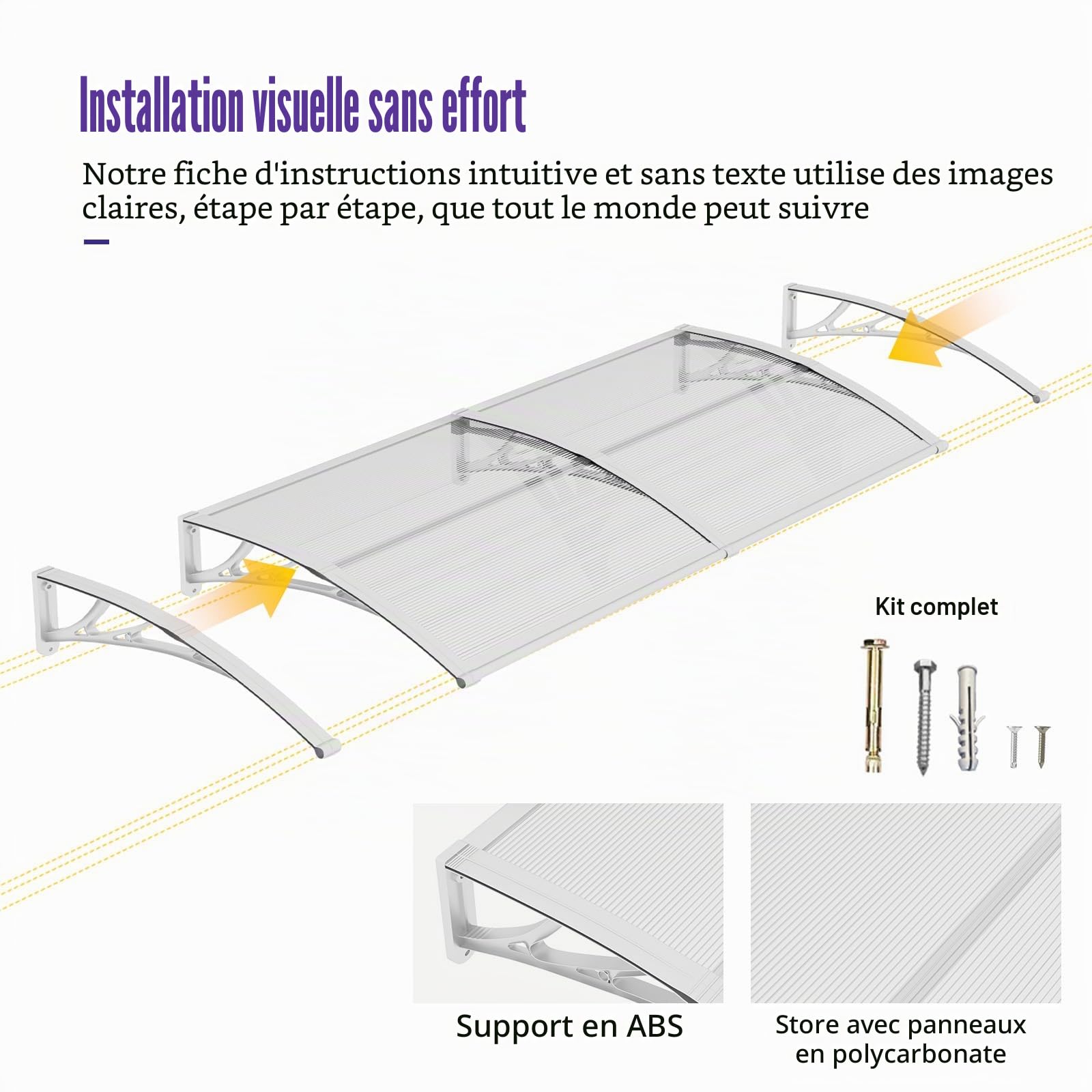 Auvent de Porte d’Entrée 80 × 120 cm, Marquise en Polycarbonate Transparent, Toit de Protection Résistant Contre la Pluie et Les Rayons UV, Gris pour Maison et Entrée