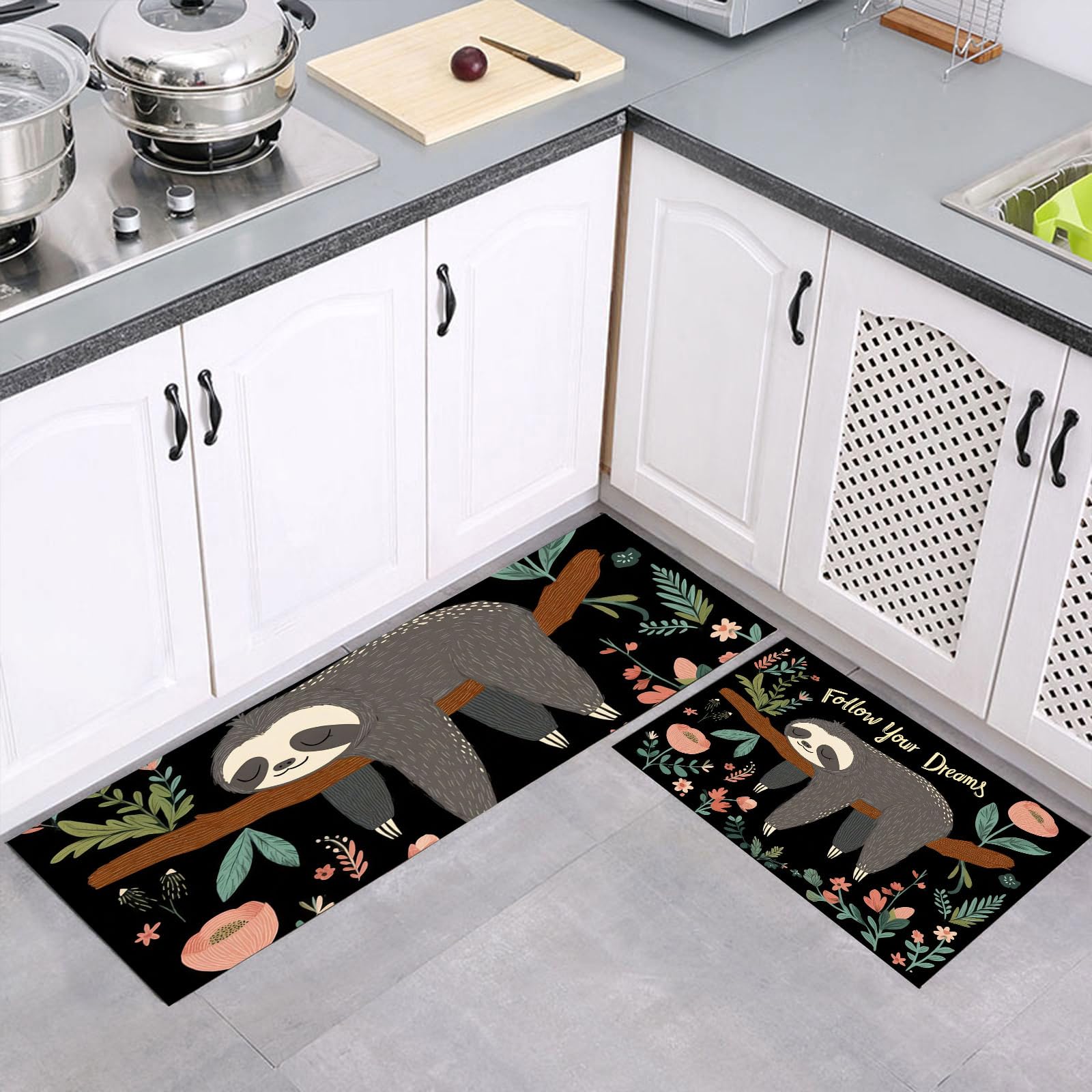 Alfombras de cocina antideslizantes y lavables con diseño de hojas de perezoso