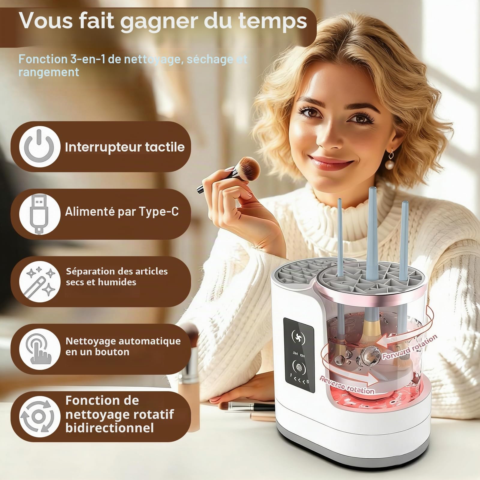 Nettoyeur Pinceau Maquillage,Machine Nettoyage Électrique avec Séchoir & Support - Laveur Pinceau Automatique USB pour Toutes Tailles Pinceaux Cosmétiques & Beauty Blender, Arrêt Auto 5 Min