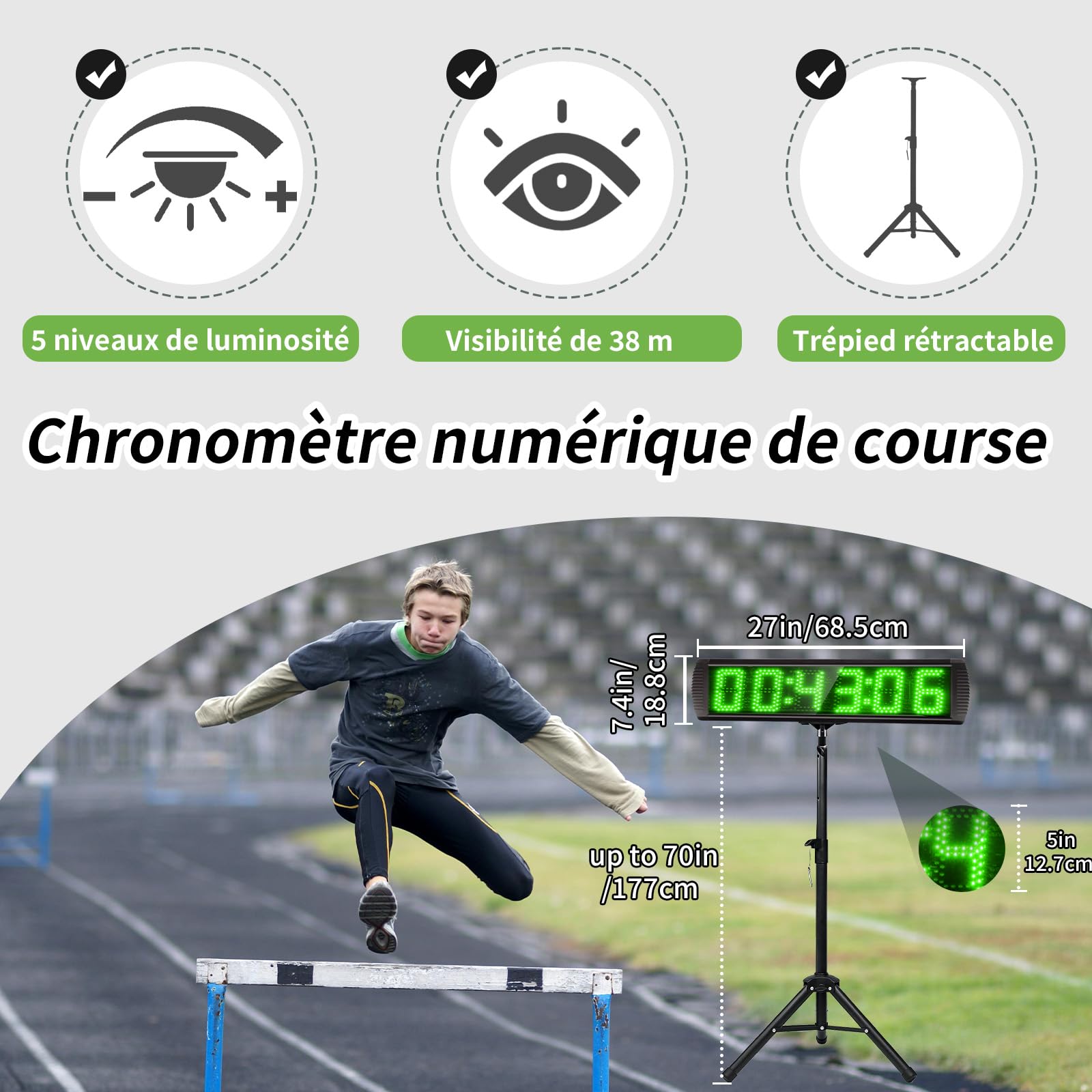 LUCKY TIME Chronomètre de Course avec trépied, Grand écran de 5 Pouces, télécommande, Affichage numérique LED avec Compteur jusqu'à 999 999 pour Salle de Sport, Piste d'athlétisme, Courses et Sports