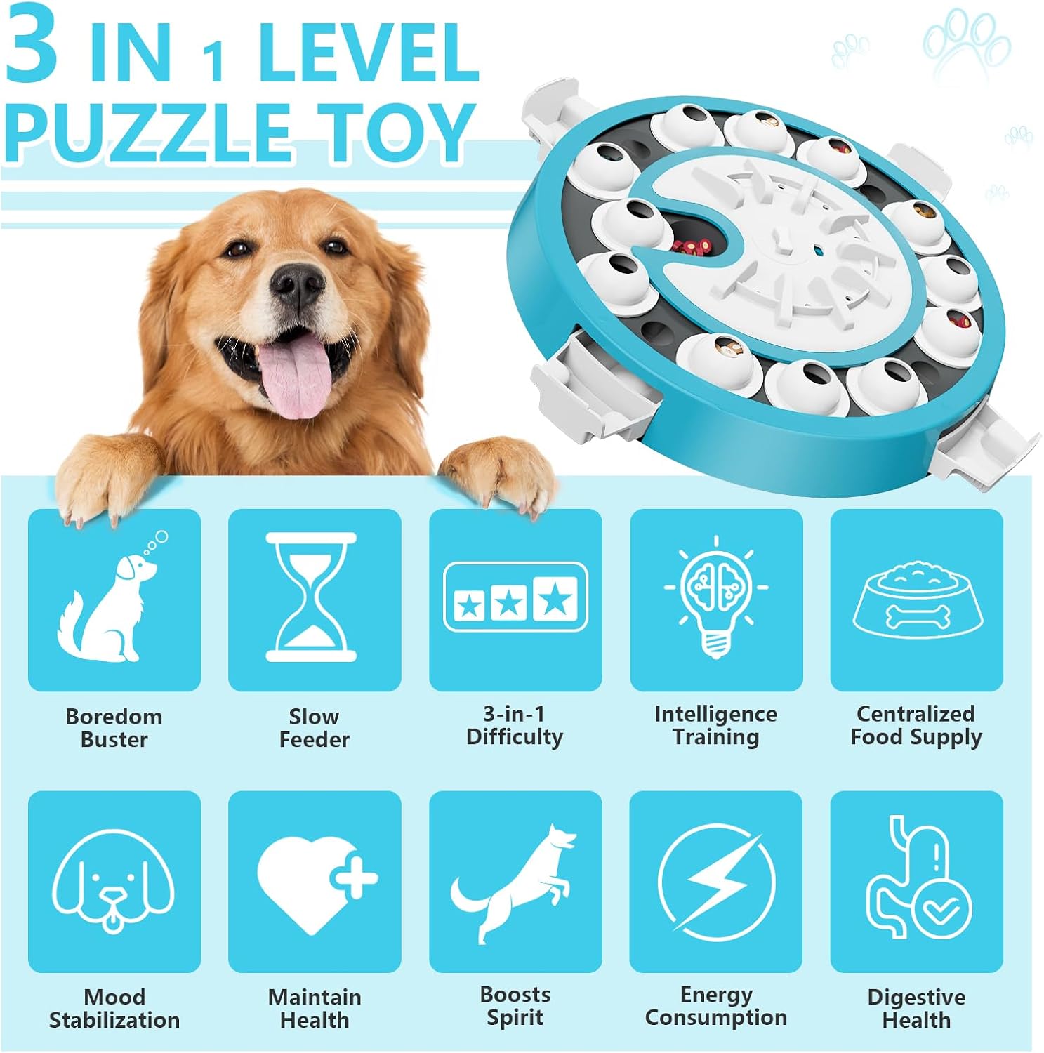 Dog Puzzle Toy, Level 3 in 1 Brain Mental Stimulation Dog Puzzles for Smart Dogs, Interactive Treat Dispenser Cognitive Enrichment Toys Puppy Puzzle Game for Mind Boredom-13.31"x13.31" Blue