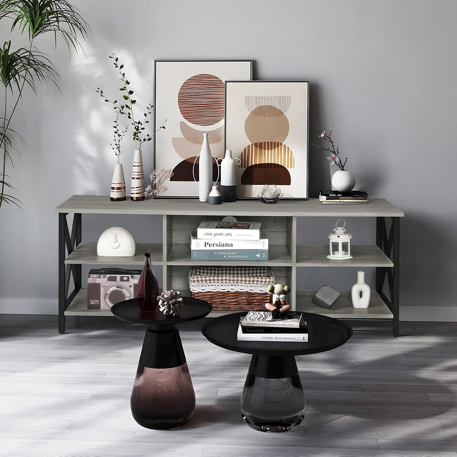 FIONESO TV Stand features including adjustable shelves, waterproof wood, durable frame, and cable management