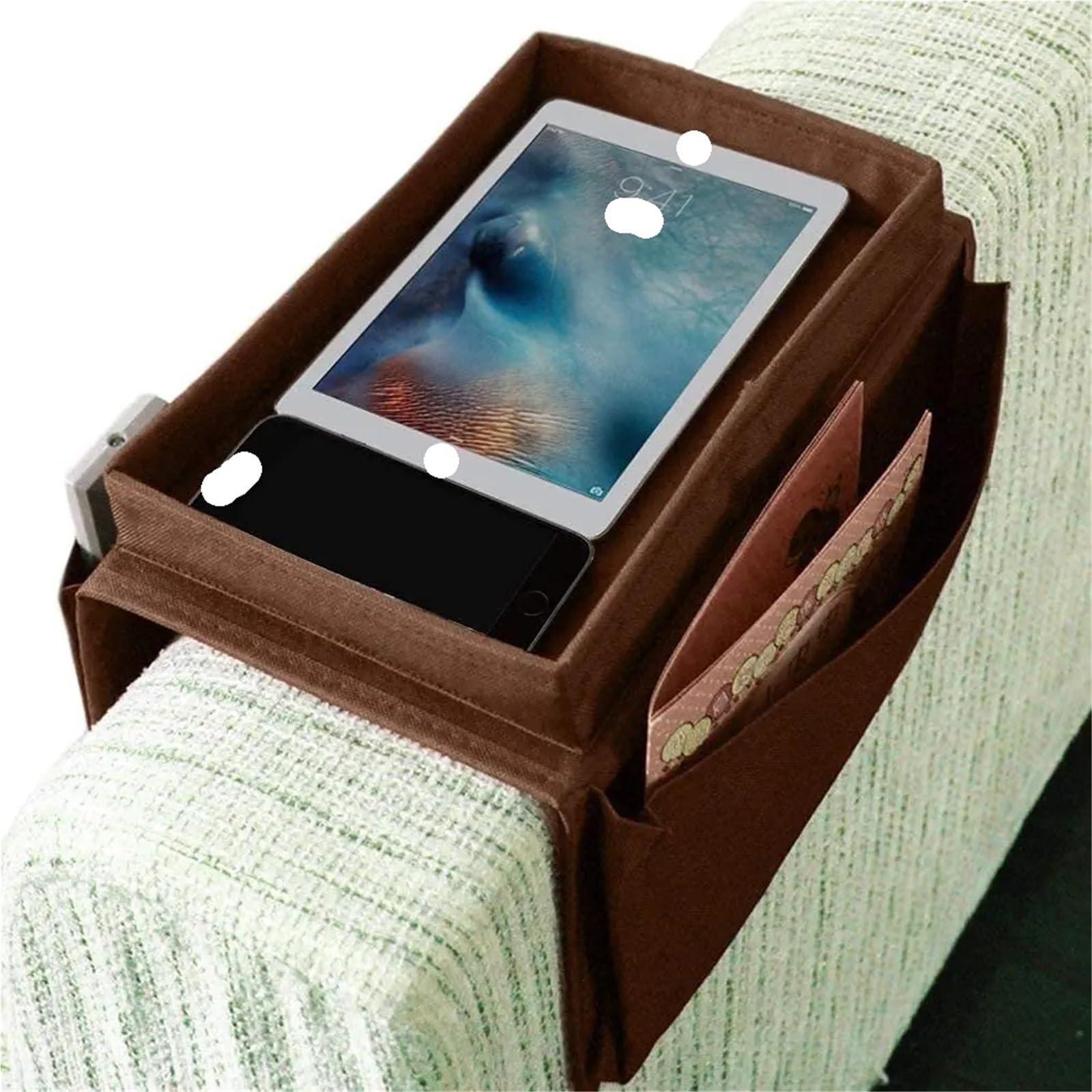 Organisateur d'accoudoir de canapé, Caddie Chaise, Pochette Rangement Chevet avec Poches, Support télécommande TV, Sac lit pour Canapé(White)