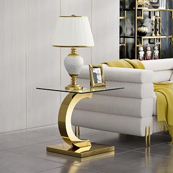 23in Square Glass Sofa Side Table with High Gloss Stainless Steel Base, Glass and Gold End Table for Living Room Office, Small Coffee Night Stand with Clear Top