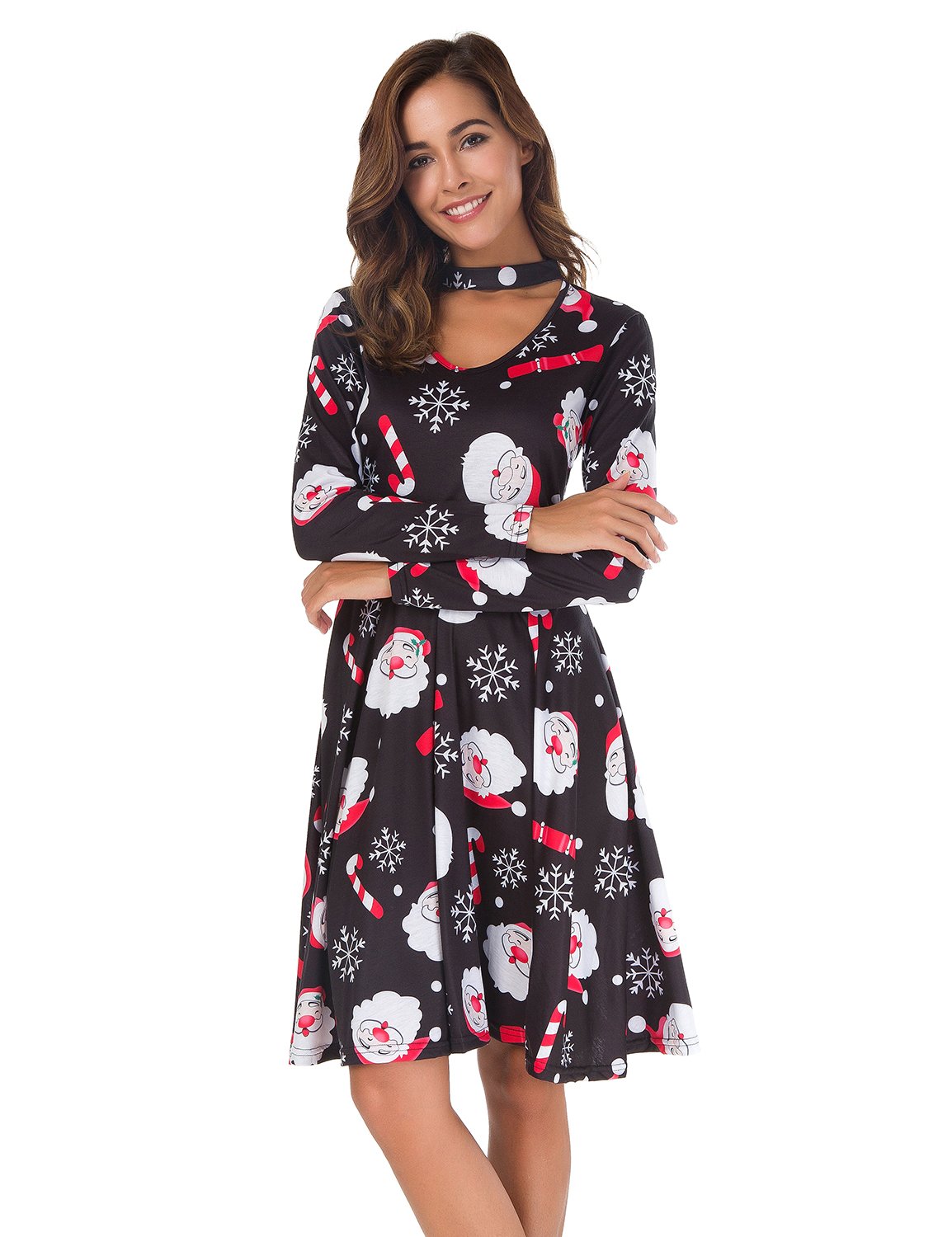 Women's Choker V-Neck Santa Claus Snowflakes Pattern Printed Plus Size Party A Line Gifts Ugly Christmas Holiday Dress (S, Black)