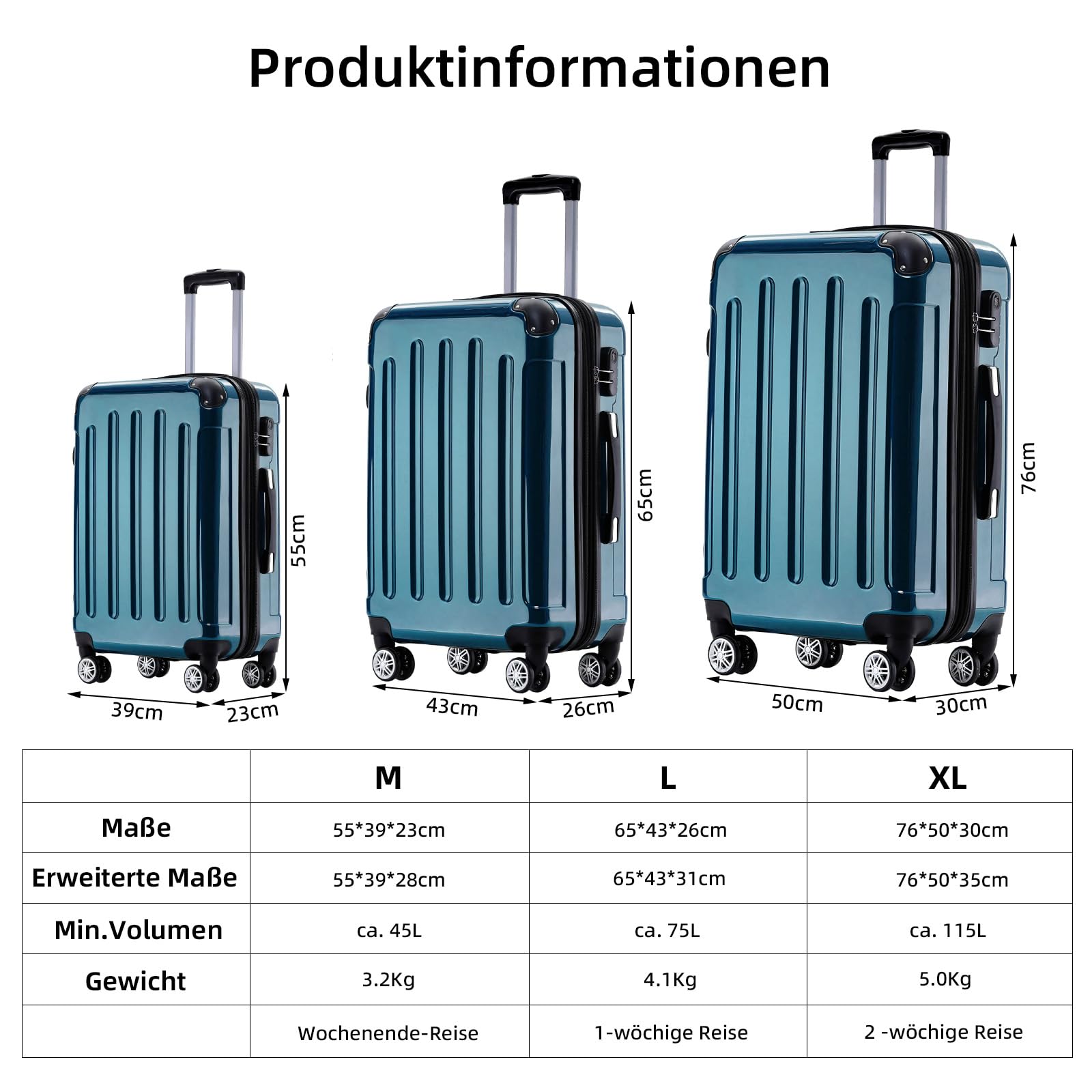 BEIBYE- 3er Kofferset Hartschalen-Koffer Reisekoffer Trolley Rollkoffer Set Reisekofferset (Pale Green)