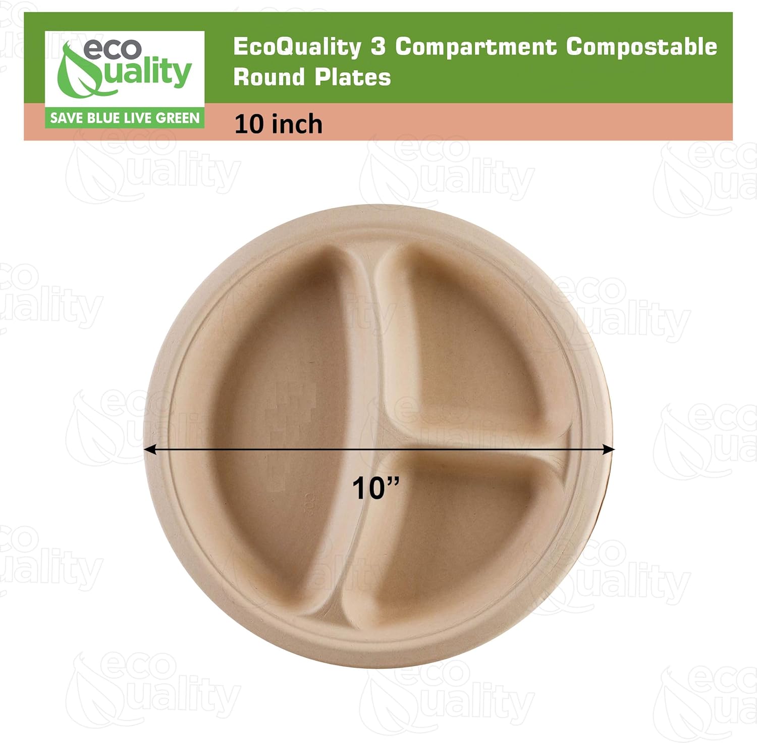 EcoQuality [50 PACK] 10 inch 3 - Compartment Round Disposable Plates - 100% Biodegradable, Compostable, Sugarcane, Wheat Straw Fiber, Bagasse - Enviormental Paper Plate, Tree Free, Sturdy