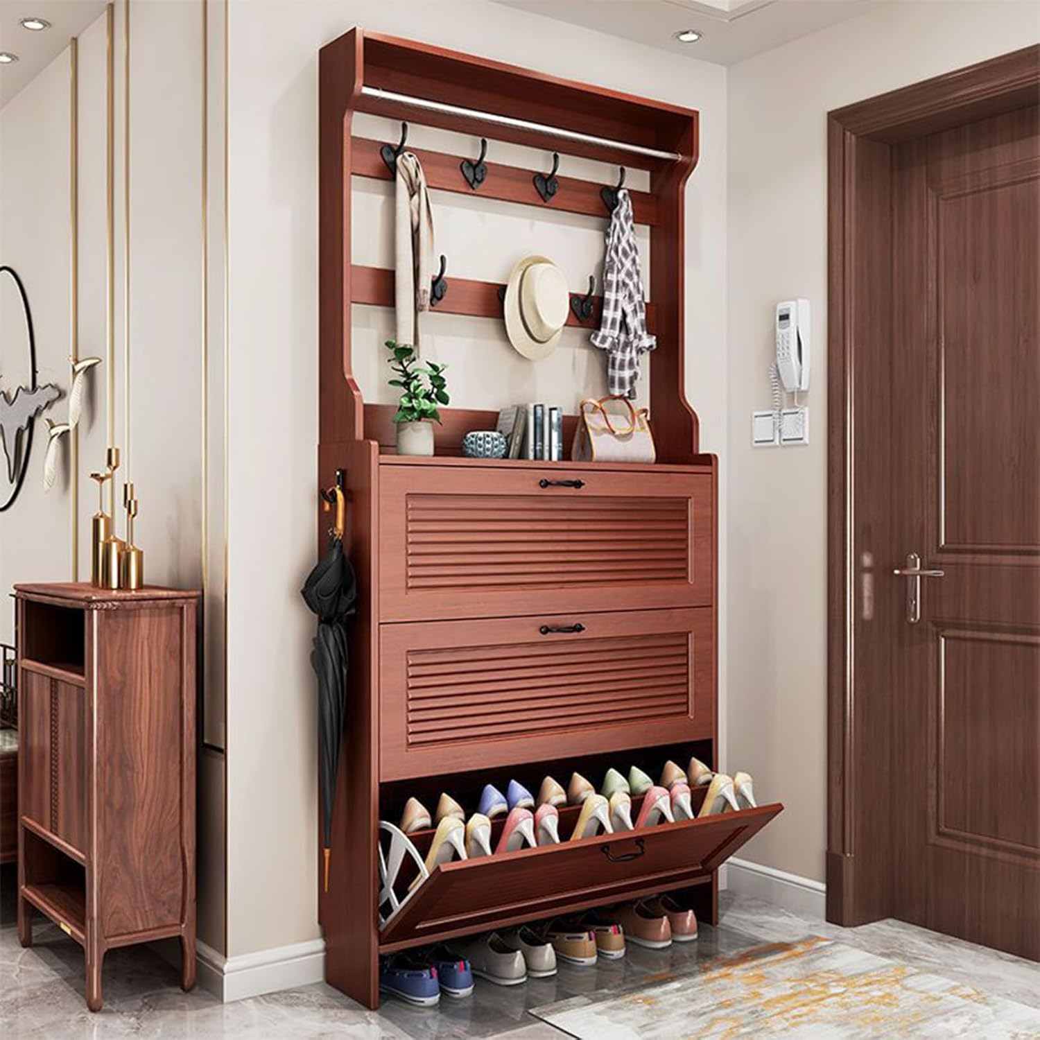 Shoe Storage Cabinet Cabinets Hallway Slim Cupboard Cupboards Hallways Slimline，Rustic Shoe Rack with Coat Hooks Foldable Drawers Stylish Entryway nizer for Bedroom & Hallway Bauernhaus Desi