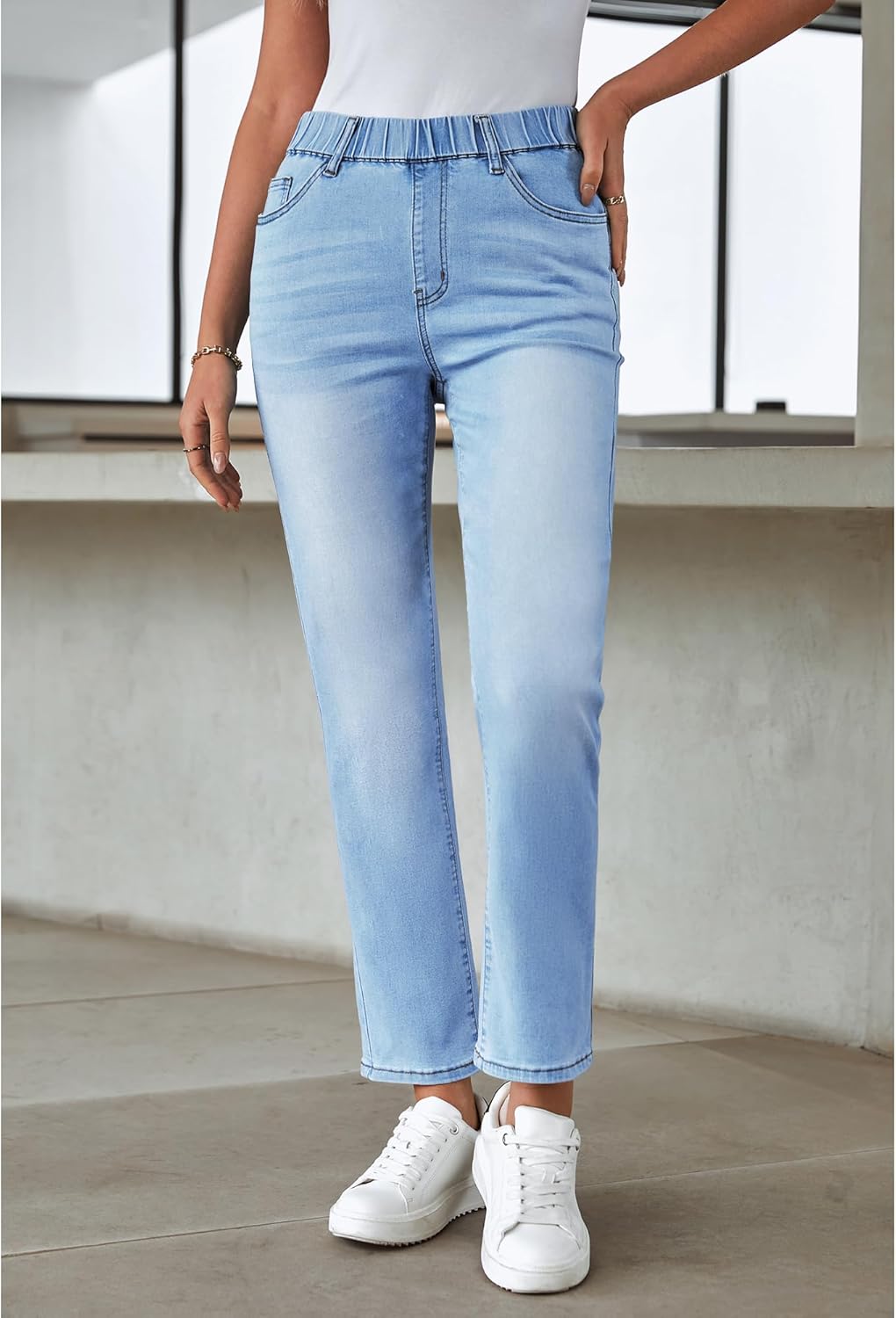 GRAPENT Straight Leg Jeans for Women Trendy Pull On High Waisted Cropped Elastic Waist Stretchy Denim Pants Ankle Jeans - Image 4