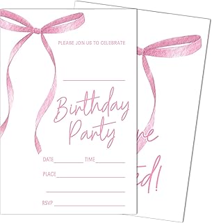 SIXEIGHT 20 Pink Bow Birthday Invitations with Envelopes, Bow Party Invitations for Girls, Elegant Pink Ribbon Design for Girls & Boys, Perfect for Birthday Party Decorations Supplies, 4"x6"-A06