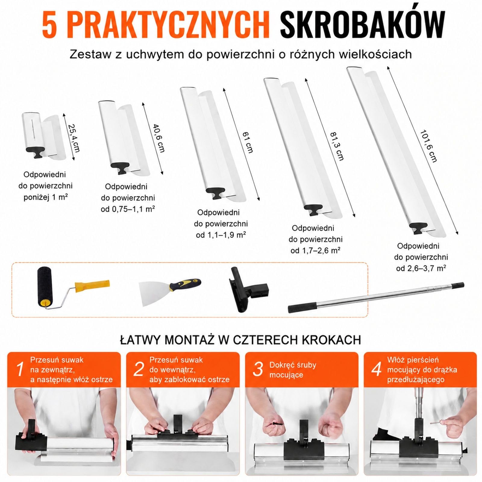Zestaw szpachli do płyt gipsowo-kartonowych z przedłużanym uchwytem, nóż ze stali nierdzewnej