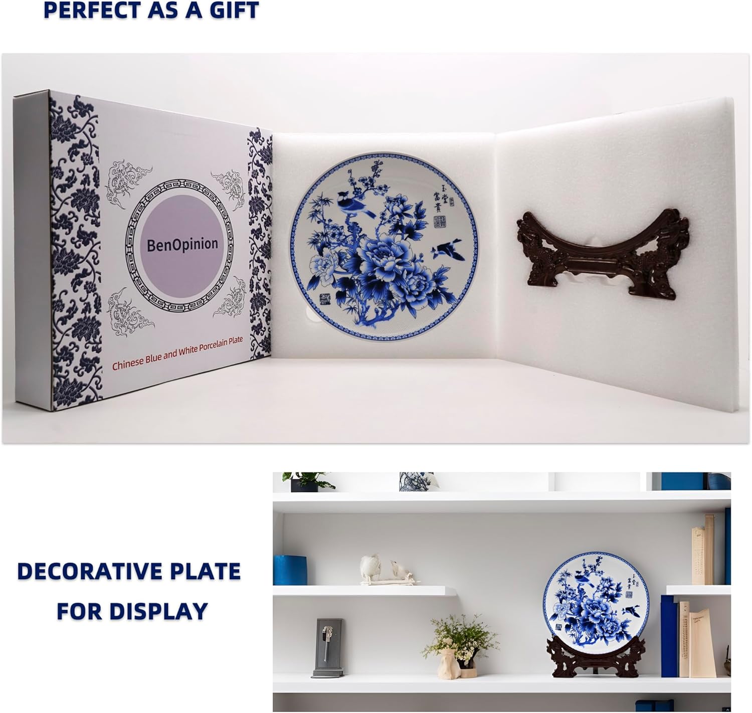 Chinese Blue and White Porcelain Decorative Plate for Display 10 inch Ceramic Decorative Ornament (Flower and Bird)