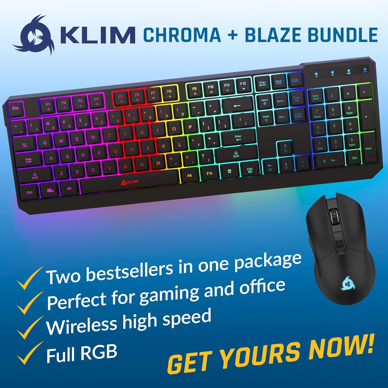 KLIM Chroma Wireless Keyboard and Mouse – RGB Backlit Gaming Combo, Rechargeable Wireless Keyboard & RGB Mouse, Durable & Ergonomic, Dual USB Receivers, Compatible with PC, Mac, PS4, PS5