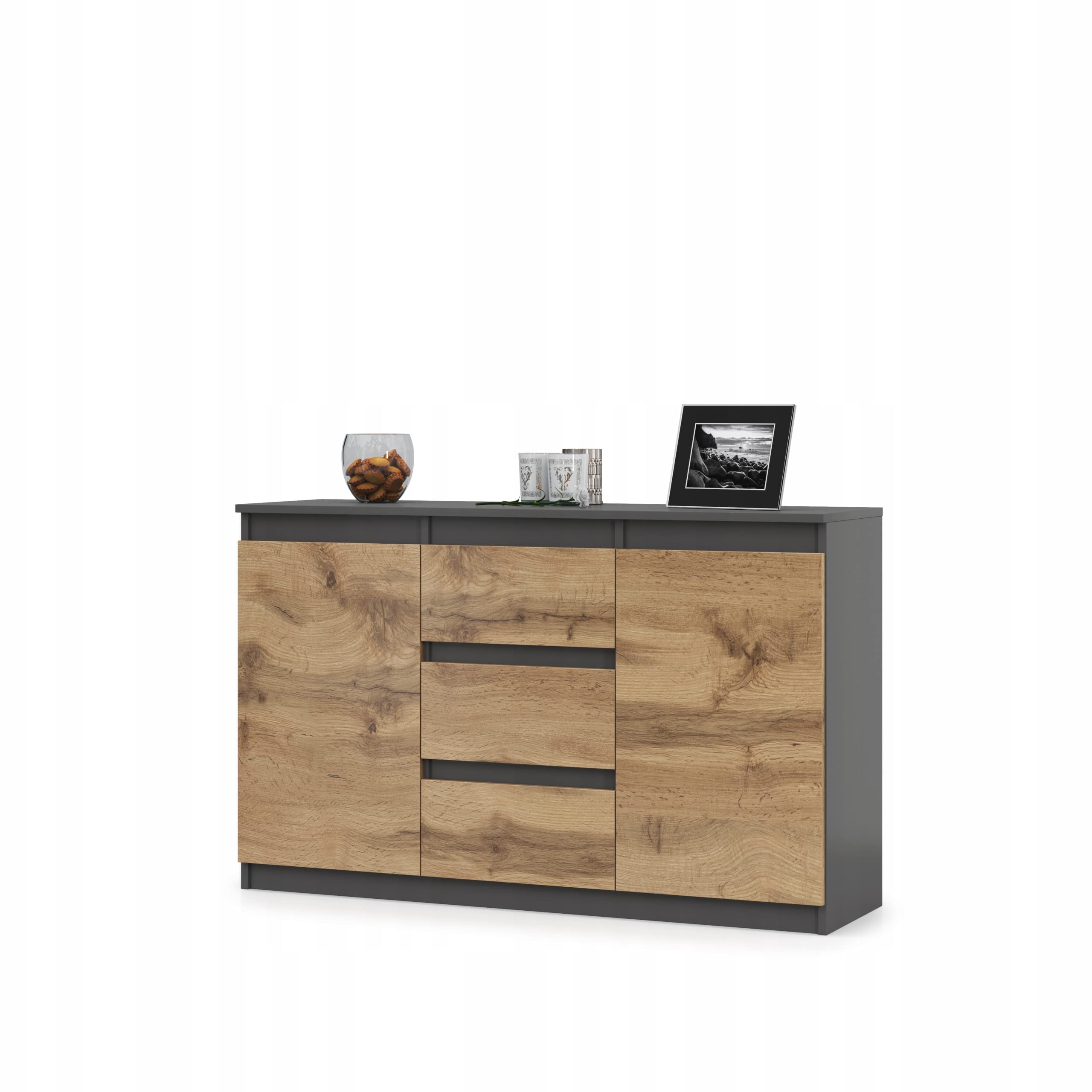 VBChome Kommode – Moderner Mehrzweckschrank mit 3 Schubladen und 2 Türen, 120 x 35 x 75 cm, Elegante Graphitfarbe, grifflose Fronten, ideal für Flur, Schlafzimmer, Wohnzimmer und Kinderzimmer